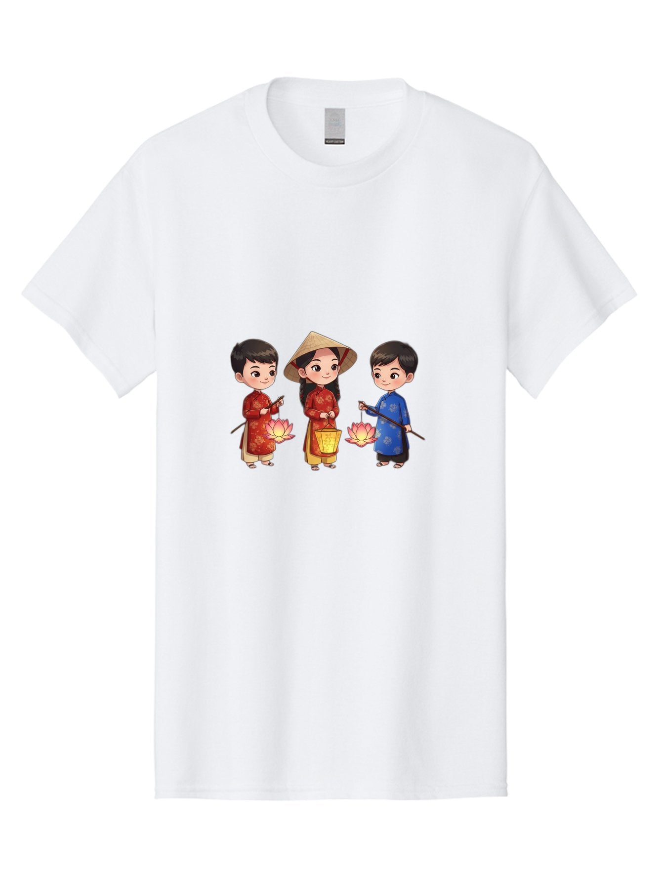 Three-Children-In-Traditional-Clothing Men'S Graphic Tee, 100% Cotton, Comfortable Casual Summer Wear, Machine Washable, Children In Traditional Vietnamese Clothing, Lotus Flowers, Conical Hat, Cultural Heritage, Traditional Attire, Bad836 11