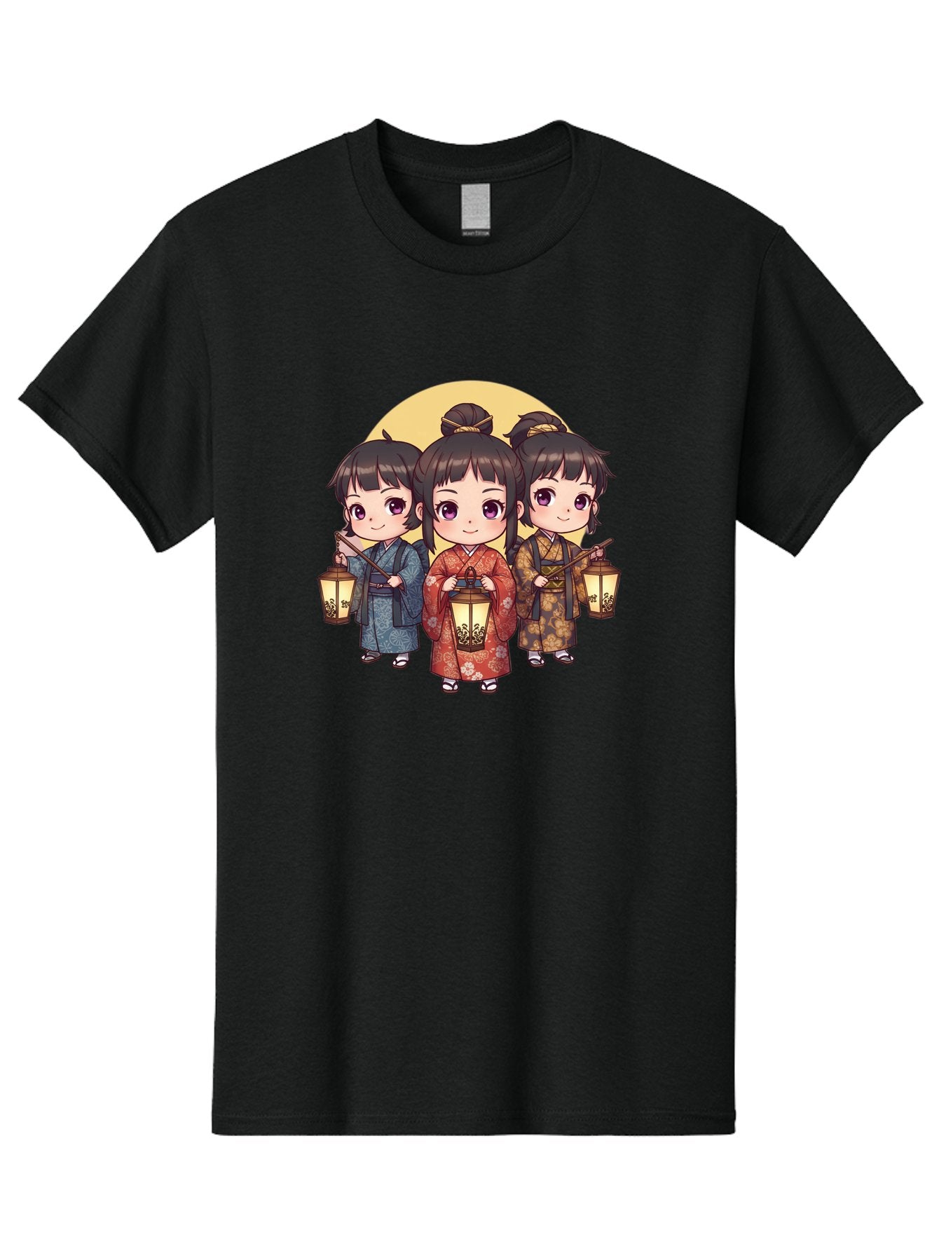 Three-Girls-In-Kimonos Men'S Graphic Tee, 100% Cotton, Comfortable Casual Summer Wear, Machine Washable, Children In Traditional Clothing, Holding Lanterns, Japanese Culture, Kimonos, Full Moon, Cartoon Illustration, Cute Kids, Bad837 7