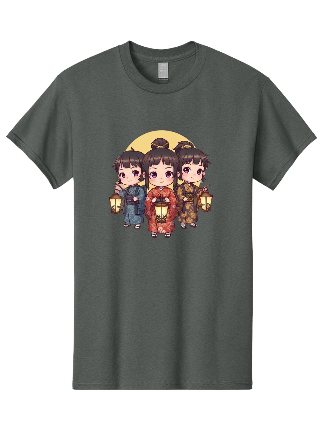 Three-Girls-In-Kimonos Men'S Graphic Tee, 100% Cotton, Comfortable Casual Summer Wear, Machine Washable, Children In Traditional Clothing, Holding Lanterns, Japanese Culture, Kimonos, Full Moon, Cartoon Illustration, Cute Kids, Bad837 10