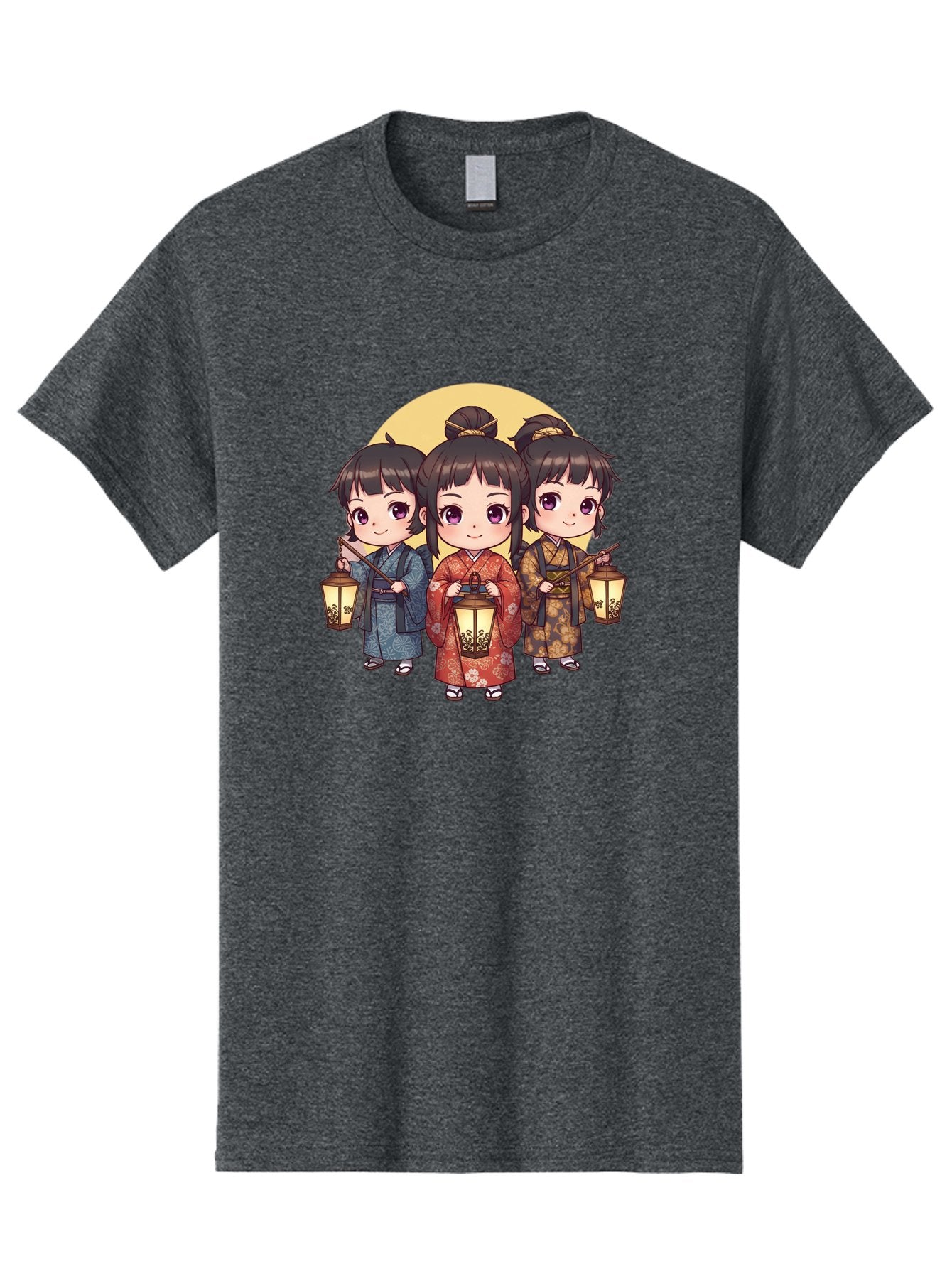 Three-Girls-In-Kimonos Men'S Graphic Tee, 100% Cotton, Comfortable Casual Summer Wear, Machine Washable, Children In Traditional Clothing, Holding Lanterns, Japanese Culture, Kimonos, Full Moon, Cartoon Illustration, Cute Kids, Bad837 3