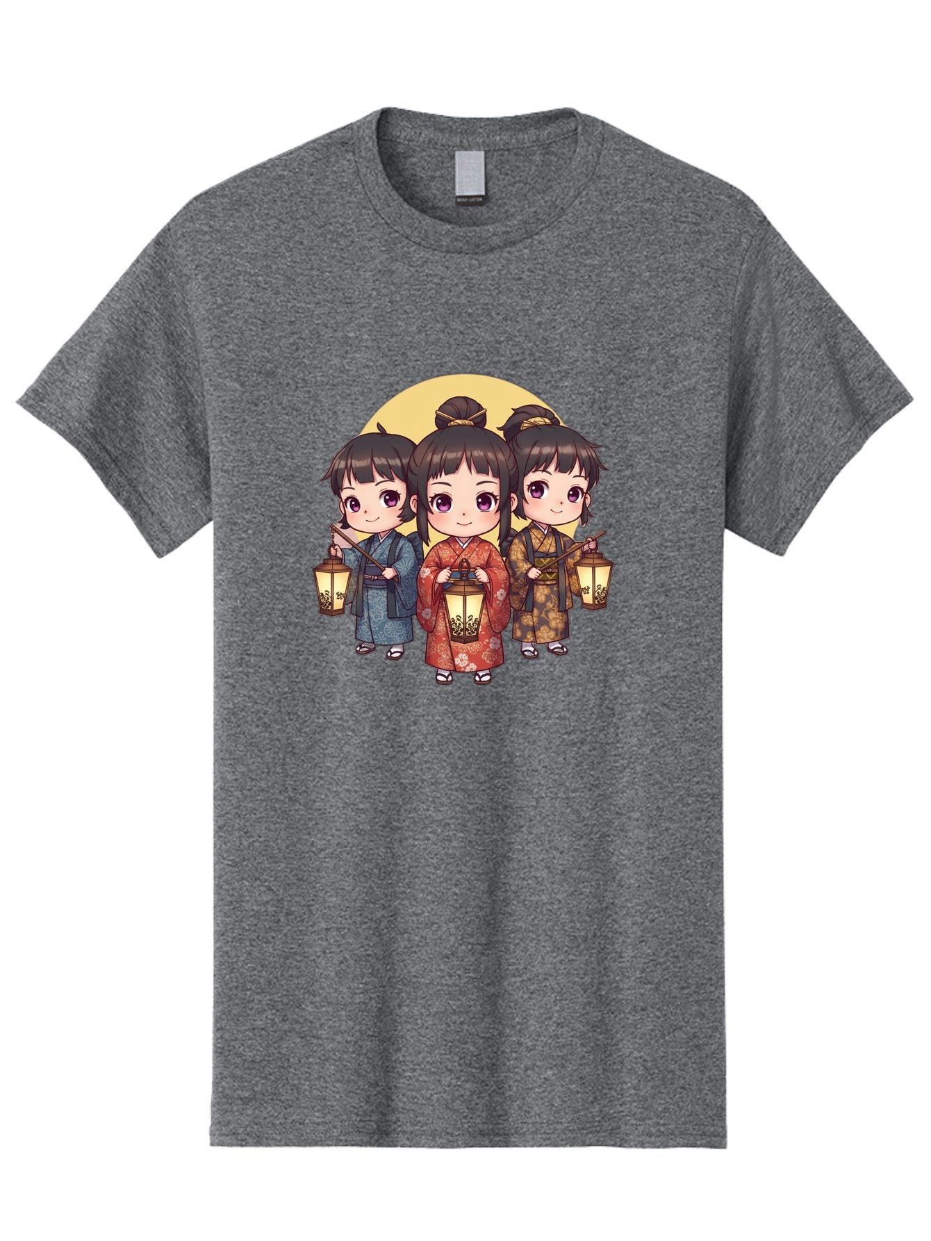 Three-Girls-In-Kimonos Men'S Graphic Tee, 100% Cotton, Comfortable Casual Summer Wear, Machine Washable, Children In Traditional Clothing, Holding Lanterns, Japanese Culture, Kimonos, Full Moon, Cartoon Illustration, Cute Kids, Bad837 6