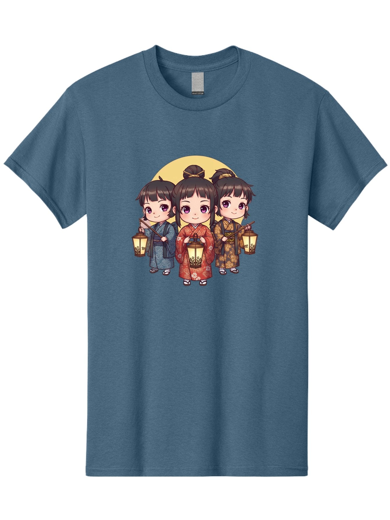 Three-Girls-In-Kimonos Men'S Graphic Tee, 100% Cotton, Comfortable Casual Summer Wear, Machine Washable, Children In Traditional Clothing, Holding Lanterns, Japanese Culture, Kimonos, Full Moon, Cartoon Illustration, Cute Kids, Bad837 9