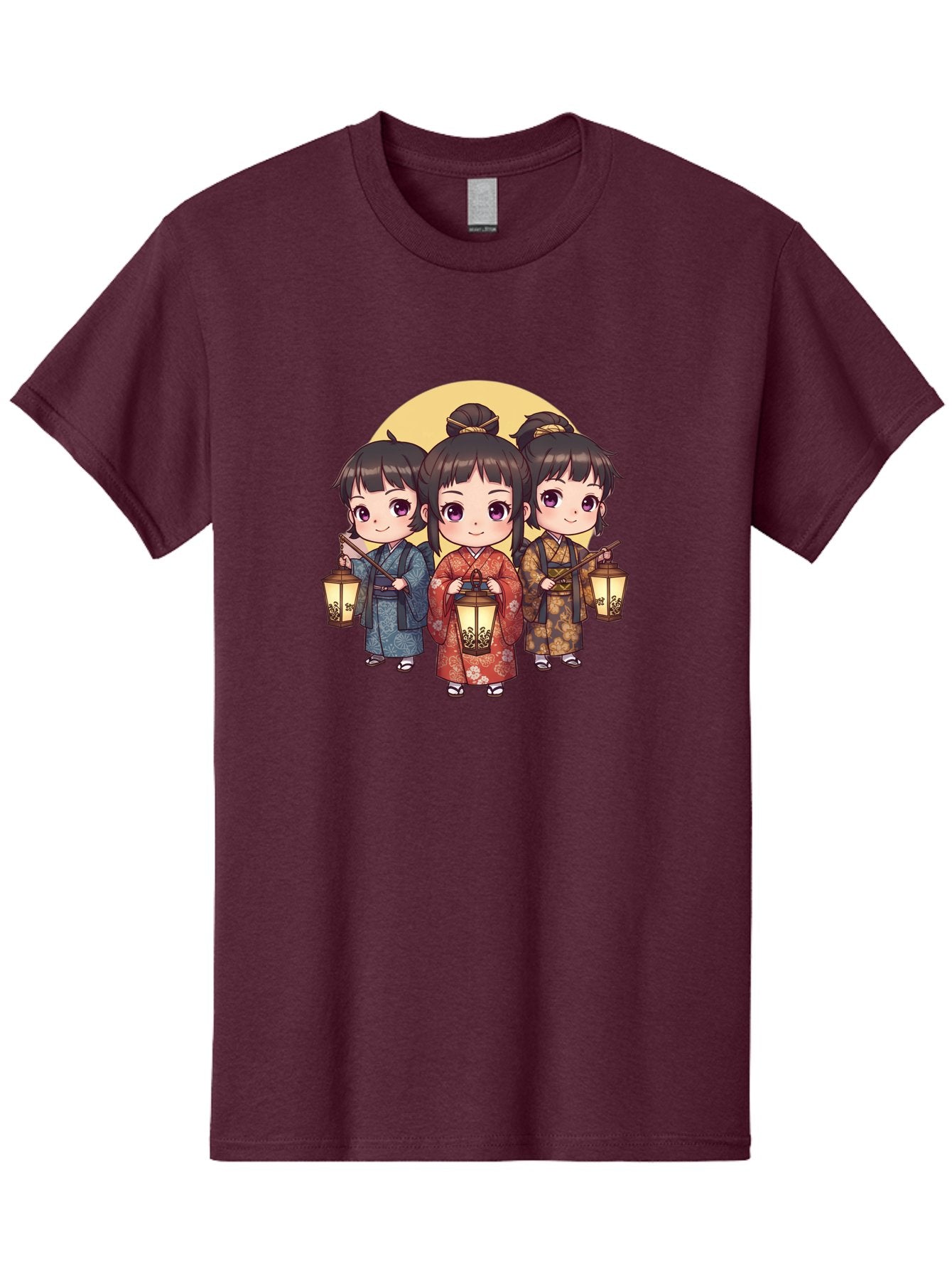 Three-Girls-In-Kimonos Men'S Graphic Tee, 100% Cotton, Comfortable Casual Summer Wear, Machine Washable, Children In Traditional Clothing, Holding Lanterns, Japanese Culture, Kimonos, Full Moon, Cartoon Illustration, Cute Kids, Bad837 4