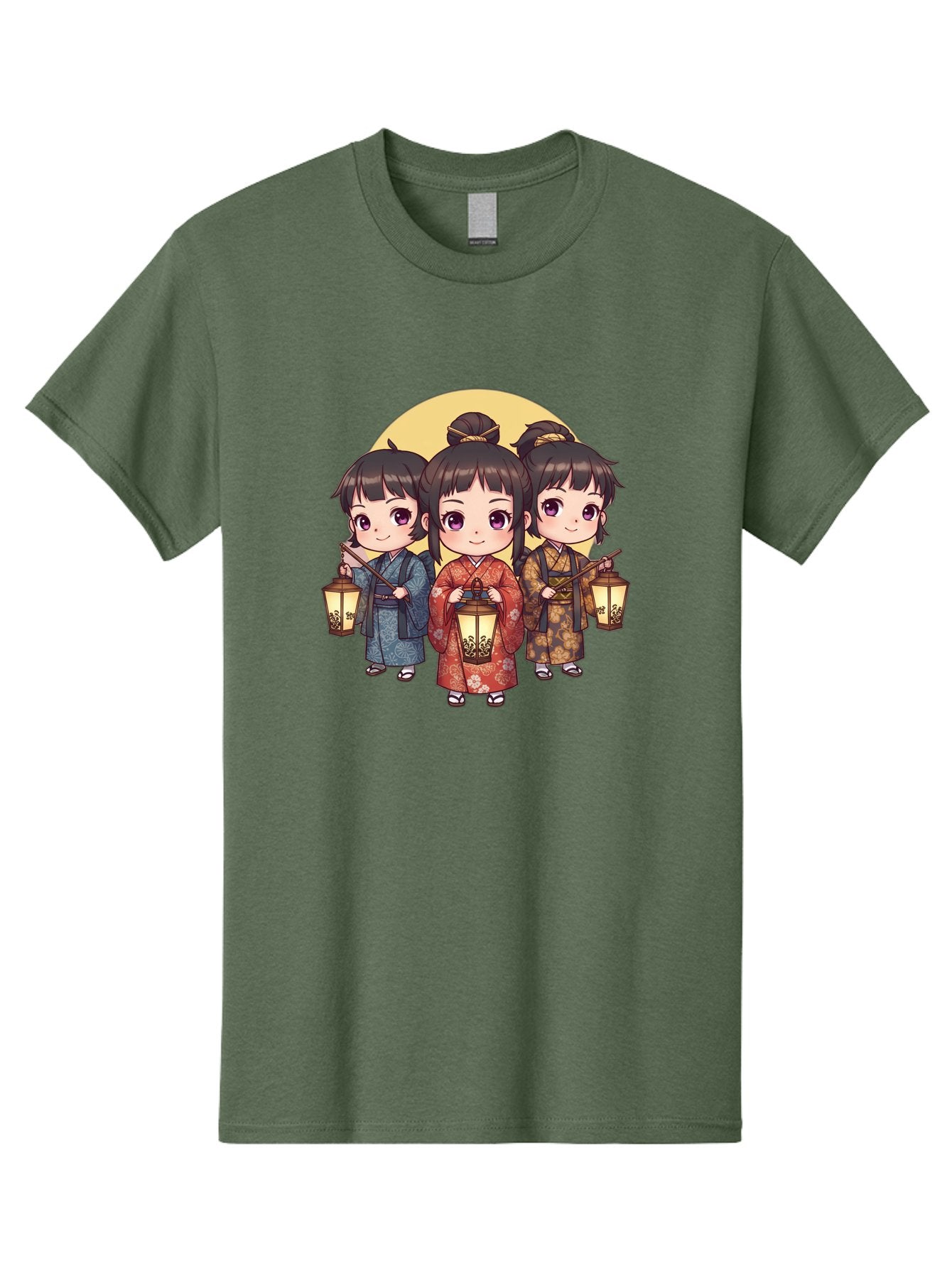 Three-Girls-In-Kimonos Men'S Graphic Tee, 100% Cotton, Comfortable Casual Summer Wear, Machine Washable, Children In Traditional Clothing, Holding Lanterns, Japanese Culture, Kimonos, Full Moon, Cartoon Illustration, Cute Kids, Bad837 15