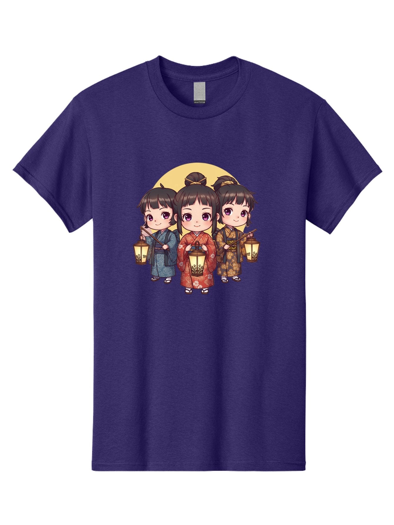 Three-Girls-In-Kimonos Men'S Graphic Tee, 100% Cotton, Comfortable Casual Summer Wear, Machine Washable, Children In Traditional Clothing, Holding Lanterns, Japanese Culture, Kimonos, Full Moon, Cartoon Illustration, Cute Kids, Bad837 8
