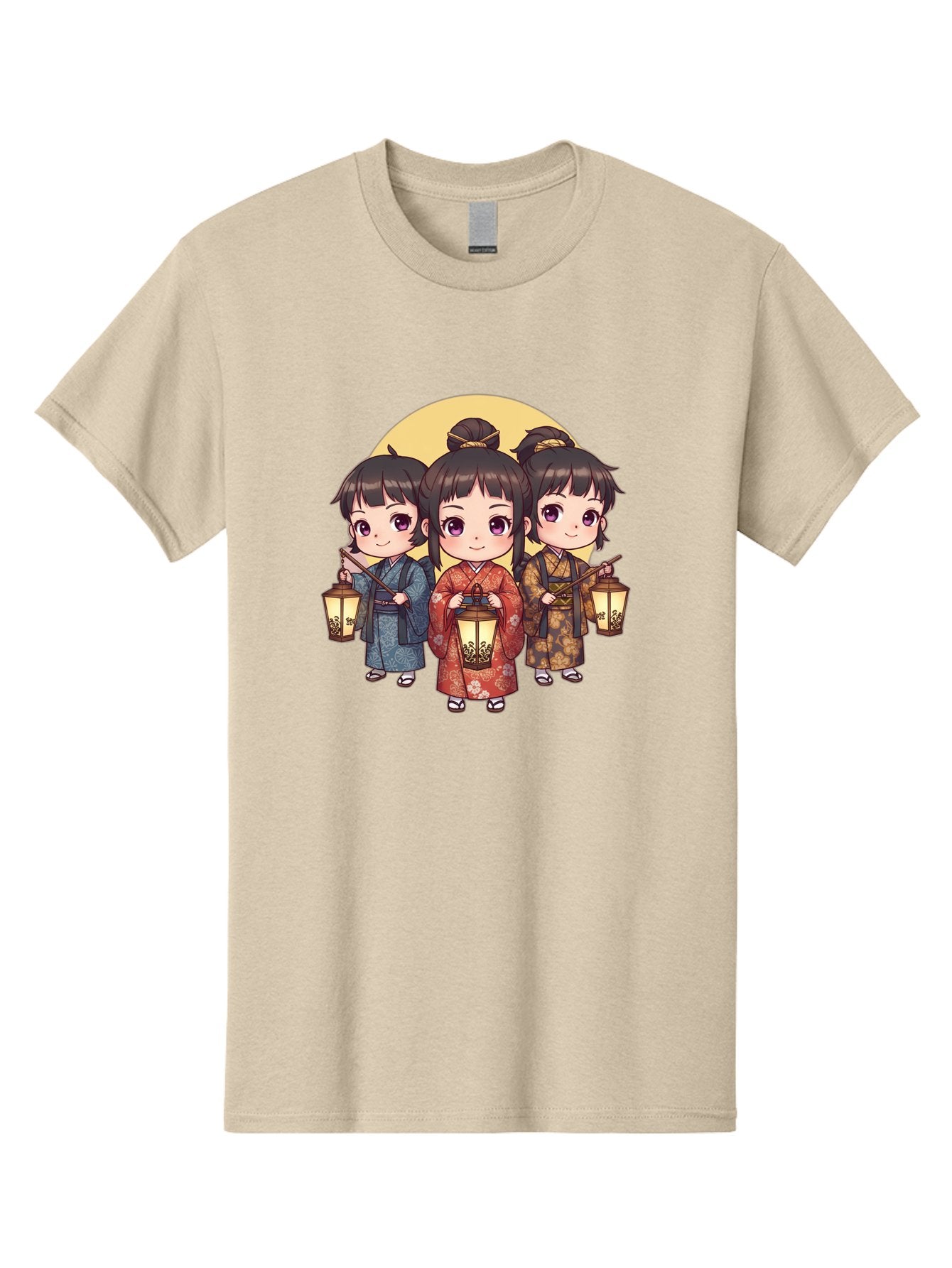 Three-Girls-In-Kimonos Men'S Graphic Tee, 100% Cotton, Comfortable Casual Summer Wear, Machine Washable, Children In Traditional Clothing, Holding Lanterns, Japanese Culture, Kimonos, Full Moon, Cartoon Illustration, Cute Kids, Bad837 14