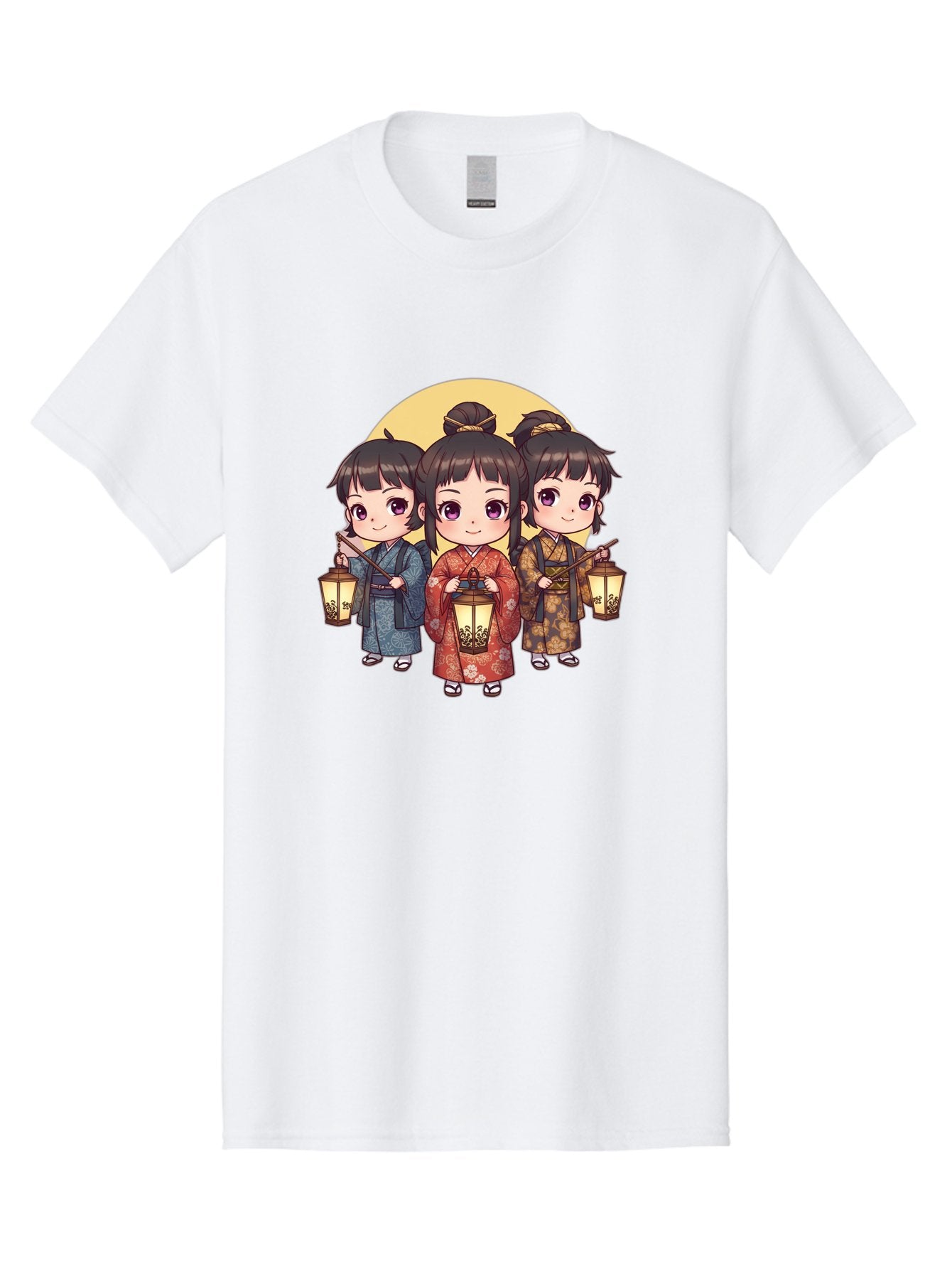 Three-Girls-In-Kimonos Men'S Graphic Tee, 100% Cotton, Comfortable Casual Summer Wear, Machine Washable, Children In Traditional Clothing, Holding Lanterns, Japanese Culture, Kimonos, Full Moon, Cartoon Illustration, Cute Kids, Bad837 11