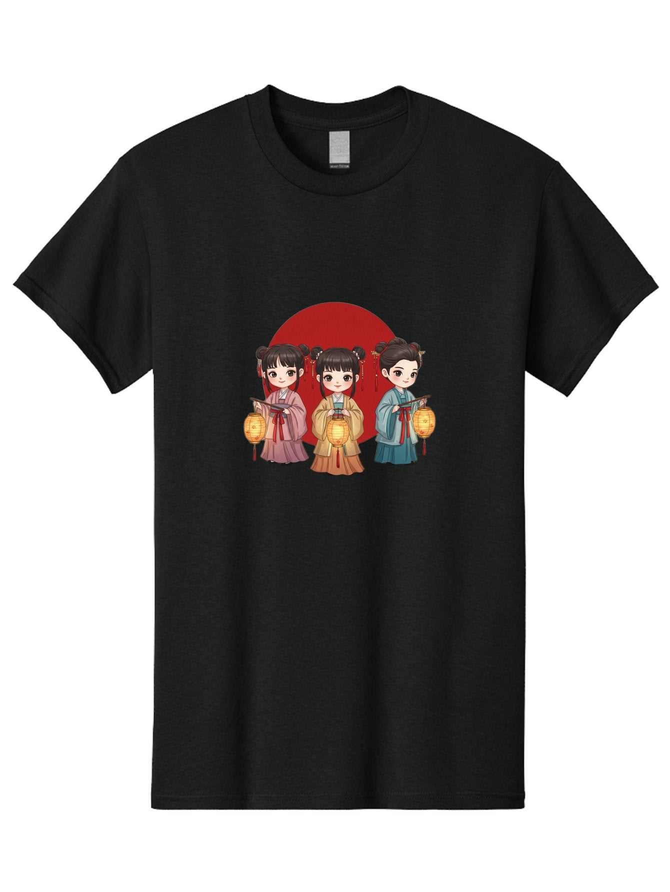 Three-Girls-With-Lanterns Men'S Graphic Tee, 100% Cotton, Comfortable Casual Summer Wear, Machine Washable, Traditional Chinese Clothing, Young Girls, Lanterns, Festive Atmosphere, Cultural Heritage, Red Circle, Chinese New Year, Celebration, Bad838