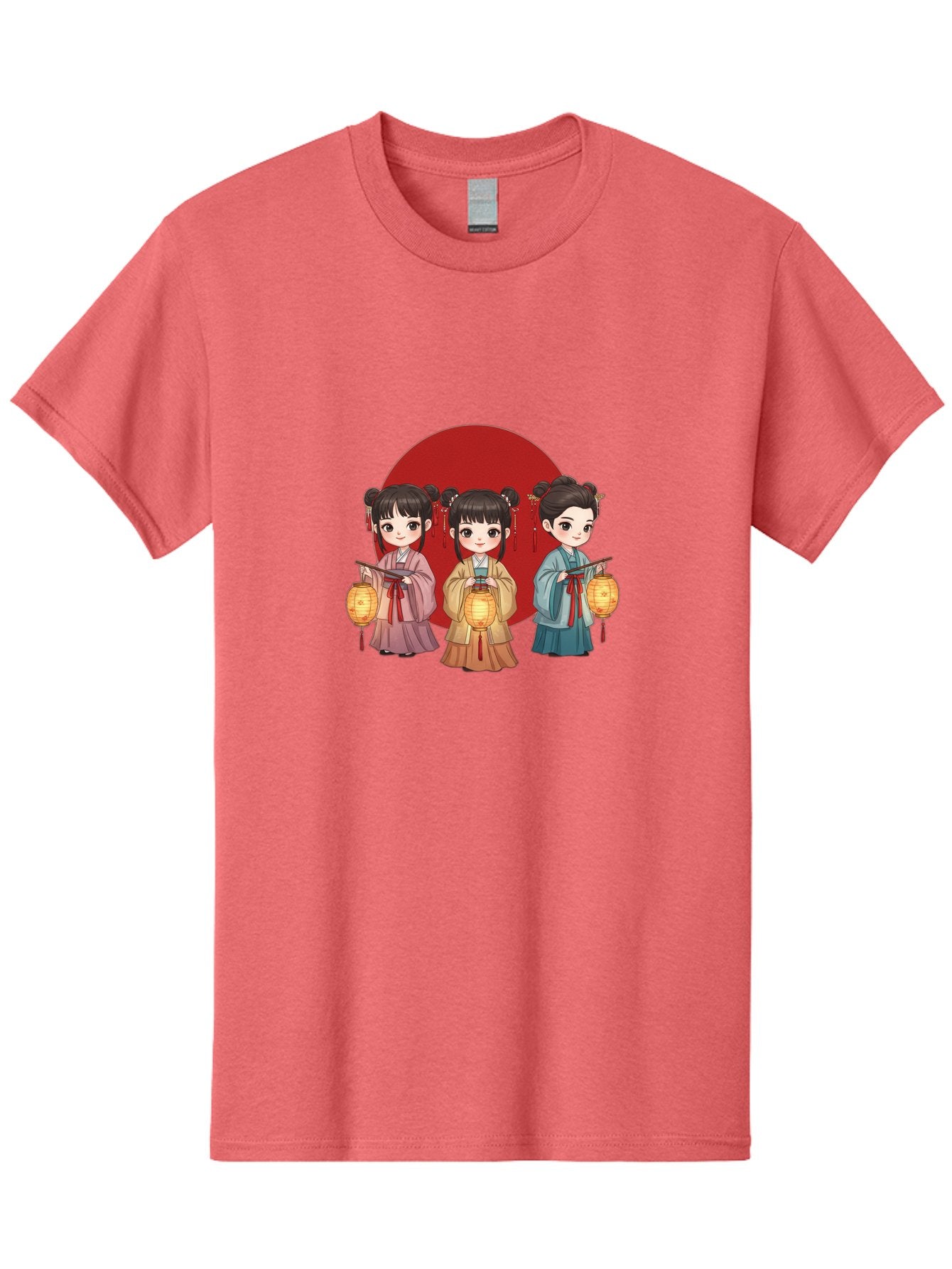 Three-Girls-With-Lanterns Men'S Graphic Tee, 100% Cotton, Comfortable Casual Summer Wear, Machine Washable, Traditional Chinese Clothing, Young Girls, Lanterns, Festive Atmosphere, Cultural Heritage, Red Circle, Chinese New Year, Celebration, Bad838 15