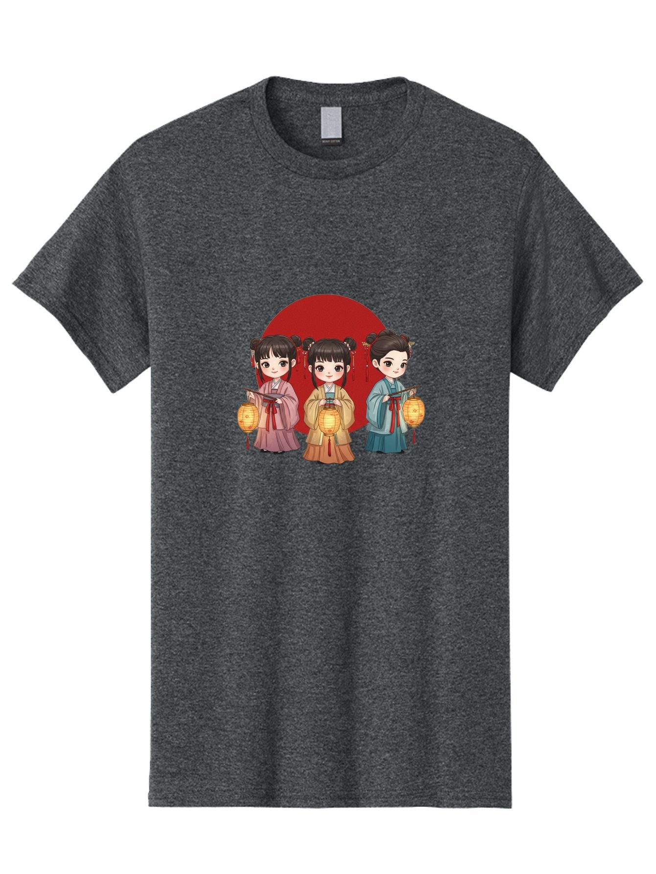 Three-Girls-With-Lanterns Men'S Graphic Tee, 100% Cotton, Comfortable Casual Summer Wear, Machine Washable, Traditional Chinese Clothing, Young Girls, Lanterns, Festive Atmosphere, Cultural Heritage, Red Circle, Chinese New Year, Celebration, Bad838