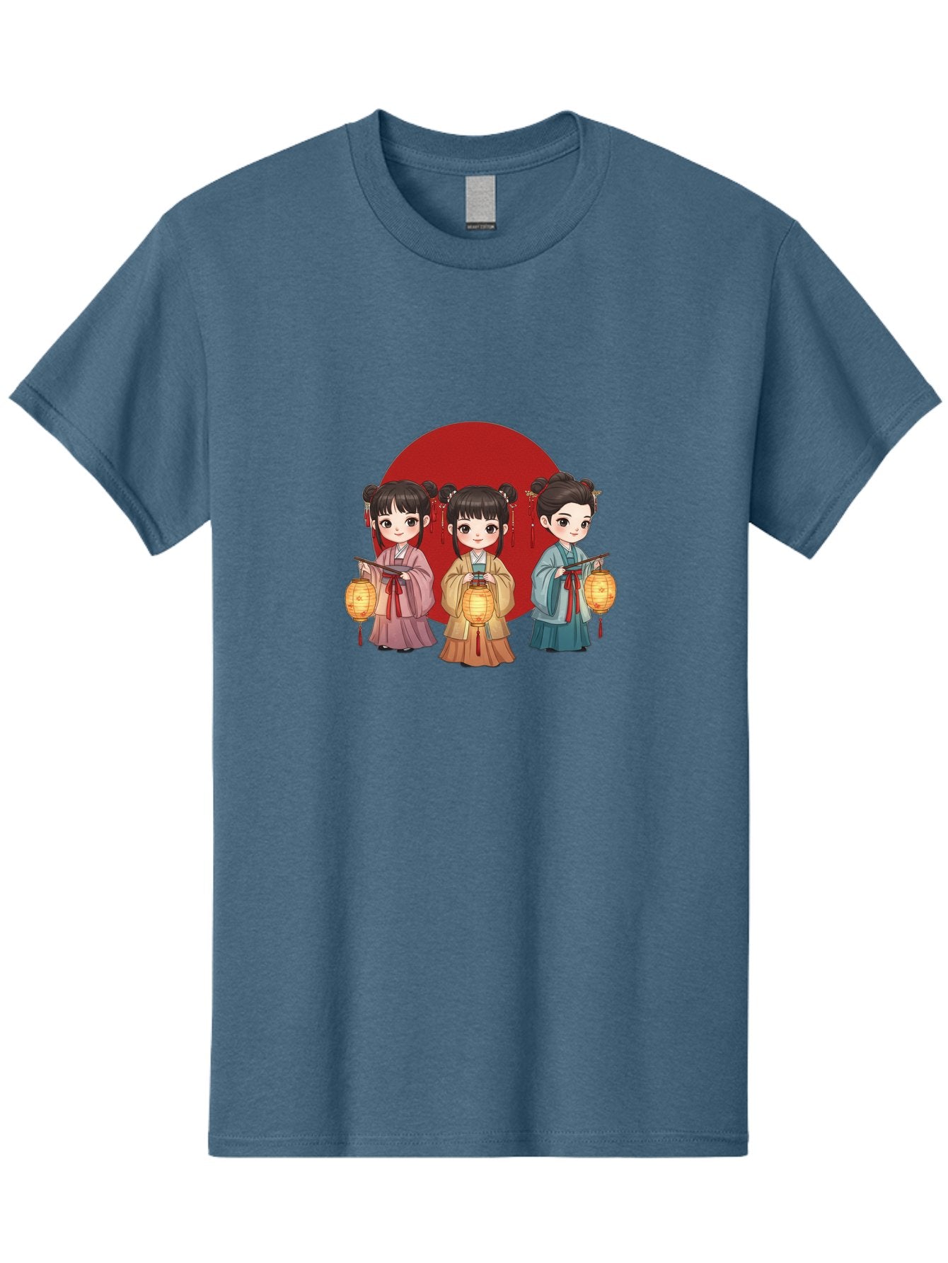 Three-Girls-With-Lanterns Men'S Graphic Tee, 100% Cotton, Comfortable Casual Summer Wear, Machine Washable, Traditional Chinese Clothing, Young Girls, Lanterns, Festive Atmosphere, Cultural Heritage, Red Circle, Chinese New Year, Celebration, Bad838 12