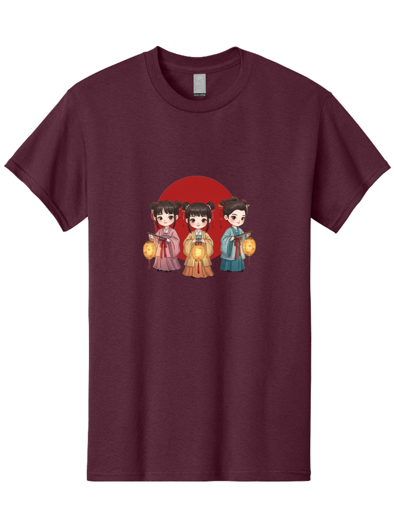 Three-Girls-With-Lanterns Men'S Graphic Tee, 100% Cotton, Comfortable Casual Summer Wear, Machine Washable, Traditional Chinese Clothing, Young Girls, Lanterns, Festive Atmosphere, Cultural Heritage, Red Circle, Chinese New Year, Celebration, Bad838 6