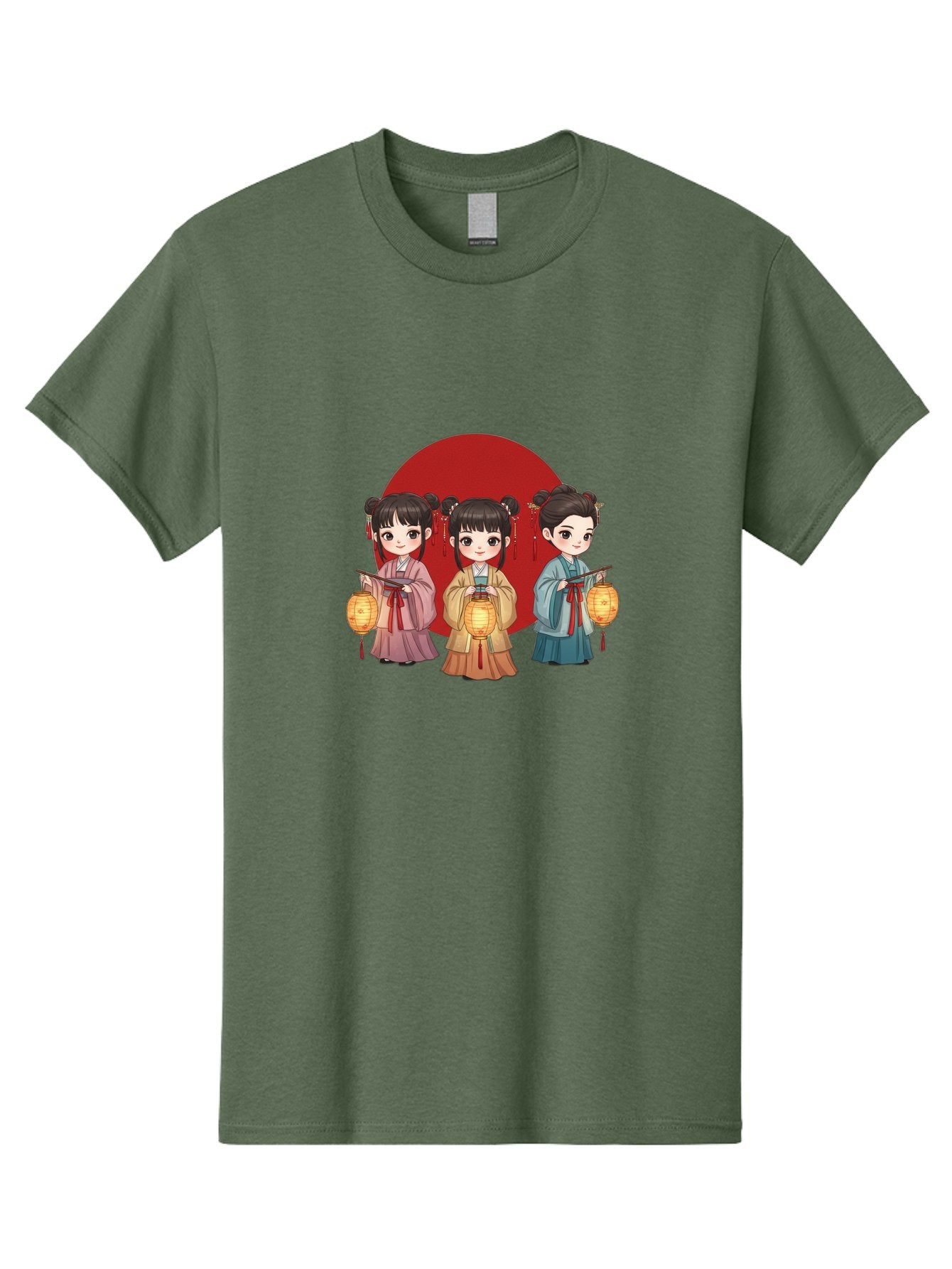 Three-Girls-With-Lanterns Men'S Graphic Tee, 100% Cotton, Comfortable Casual Summer Wear, Machine Washable, Traditional Chinese Clothing, Young Girls, Lanterns, Festive Atmosphere, Cultural Heritage, Red Circle, Chinese New Year, Celebration, Bad838 9
