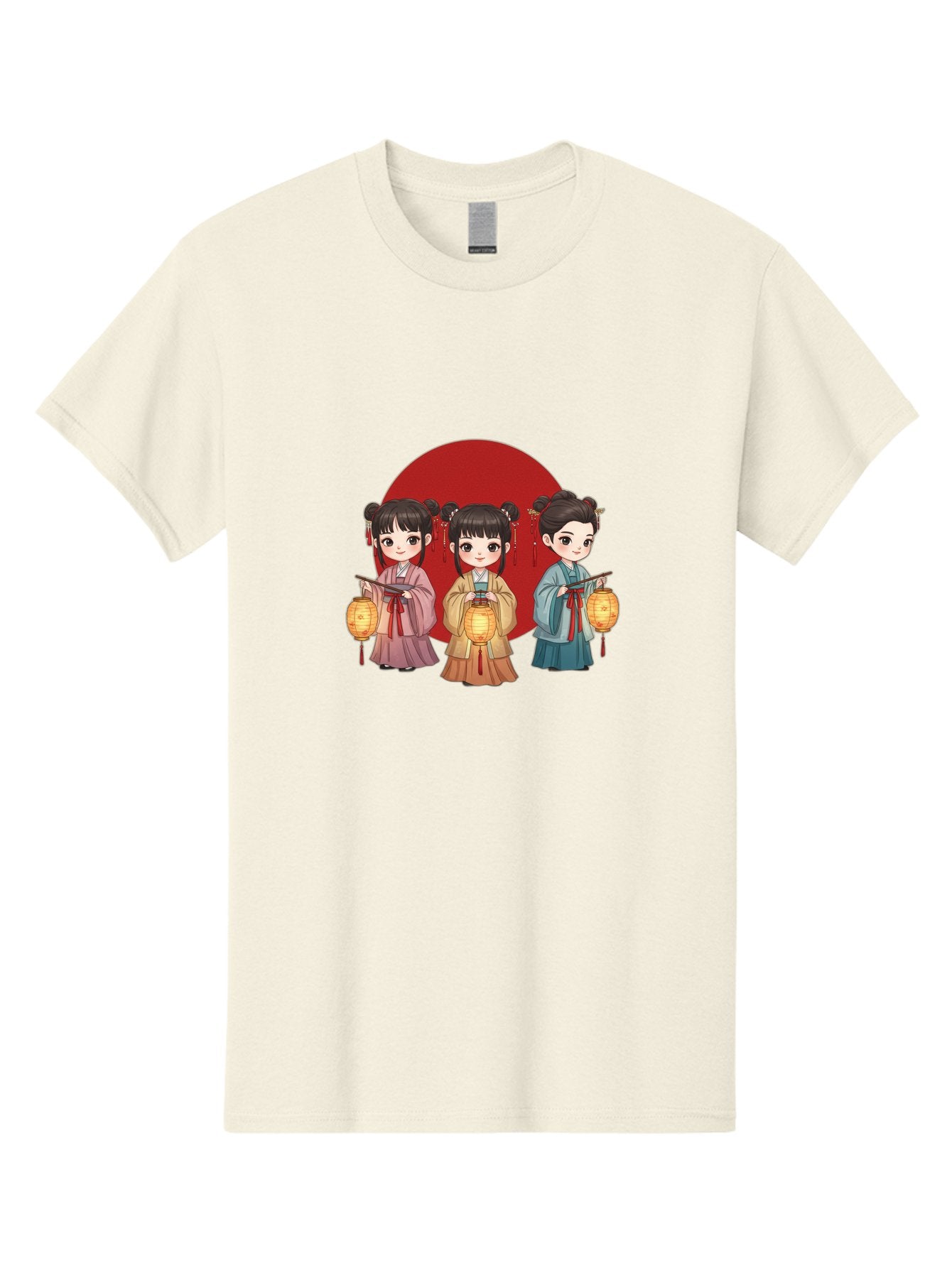 Three-Girls-With-Lanterns Men'S Graphic Tee, 100% Cotton, Comfortable Casual Summer Wear, Machine Washable, Traditional Chinese Clothing, Young Girls, Lanterns, Festive Atmosphere, Cultural Heritage, Red Circle, Chinese New Year, Celebration, Bad838 8