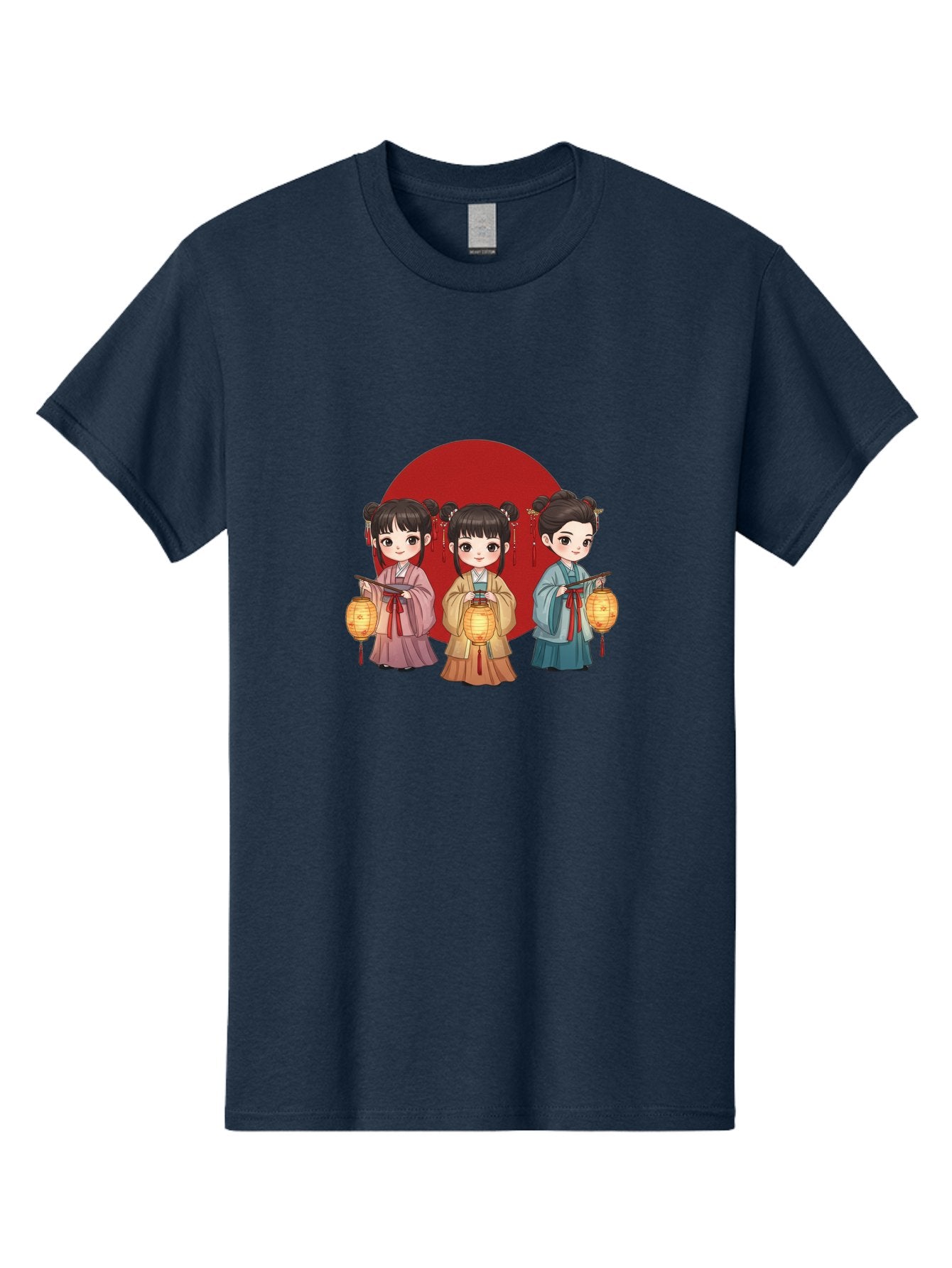 Three-Girls-With-Lanterns Men'S Graphic Tee, 100% Cotton, Comfortable Casual Summer Wear, Machine Washable, Traditional Chinese Clothing, Young Girls, Lanterns, Festive Atmosphere, Cultural Heritage, Red Circle, Chinese New Year, Celebration, Bad838 3