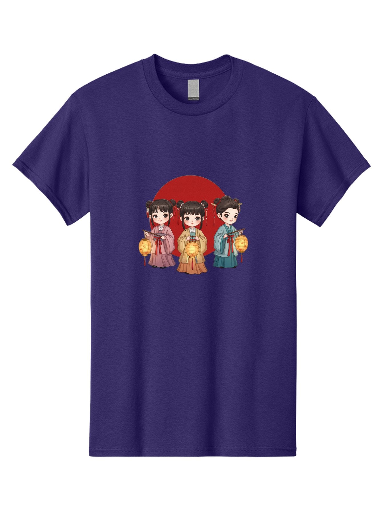 Three-Girls-With-Lanterns Men'S Graphic Tee, 100% Cotton, Comfortable Casual Summer Wear, Machine Washable, Traditional Chinese Clothing, Young Girls, Lanterns, Festive Atmosphere, Cultural Heritage, Red Circle, Chinese New Year, Celebration, Bad838 13