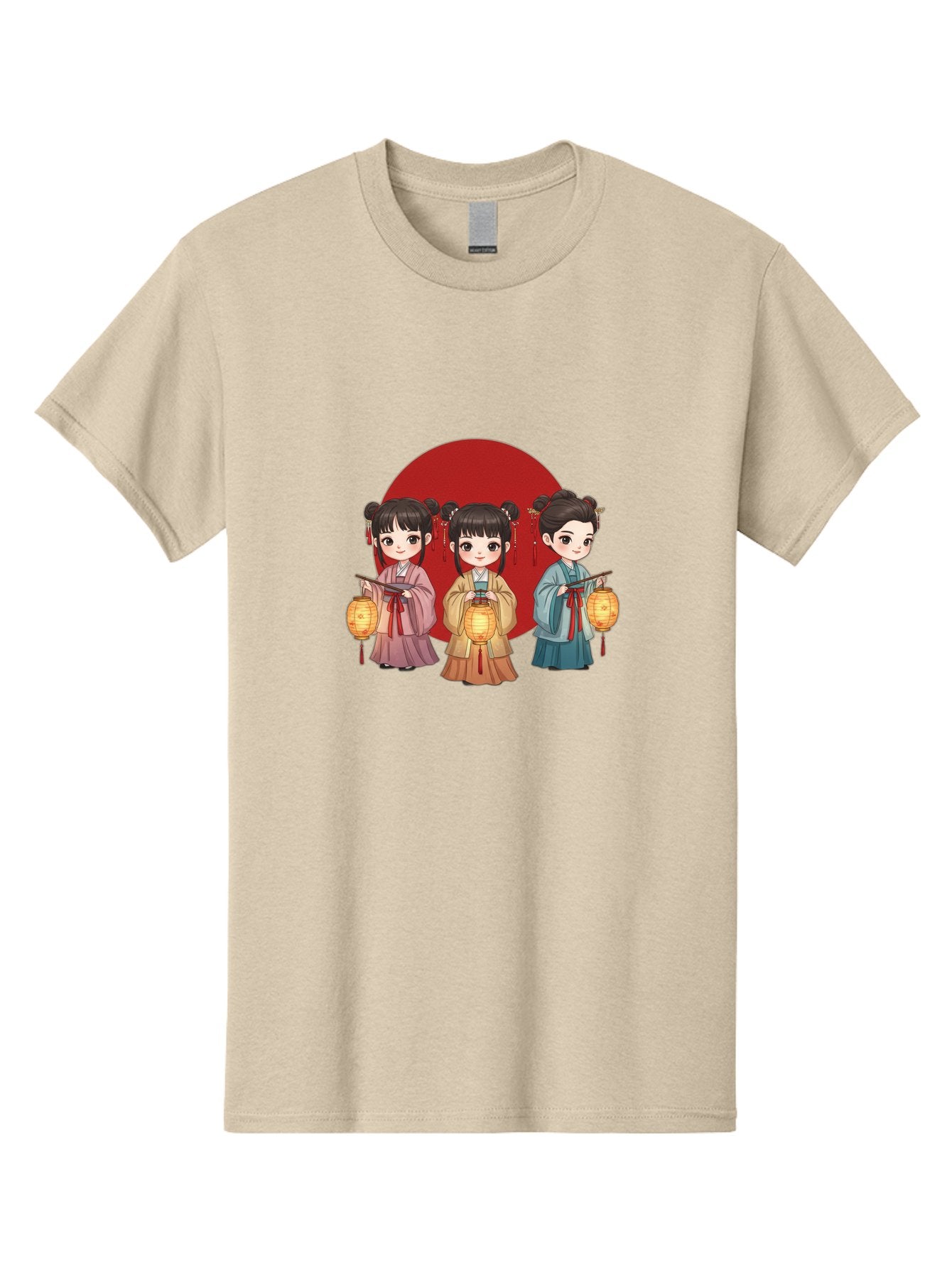 Three-Girls-With-Lanterns Men'S Graphic Tee, 100% Cotton, Comfortable Casual Summer Wear, Machine Washable, Traditional Chinese Clothing, Young Girls, Lanterns, Festive Atmosphere, Cultural Heritage, Red Circle, Chinese New Year, Celebration, Bad838 5