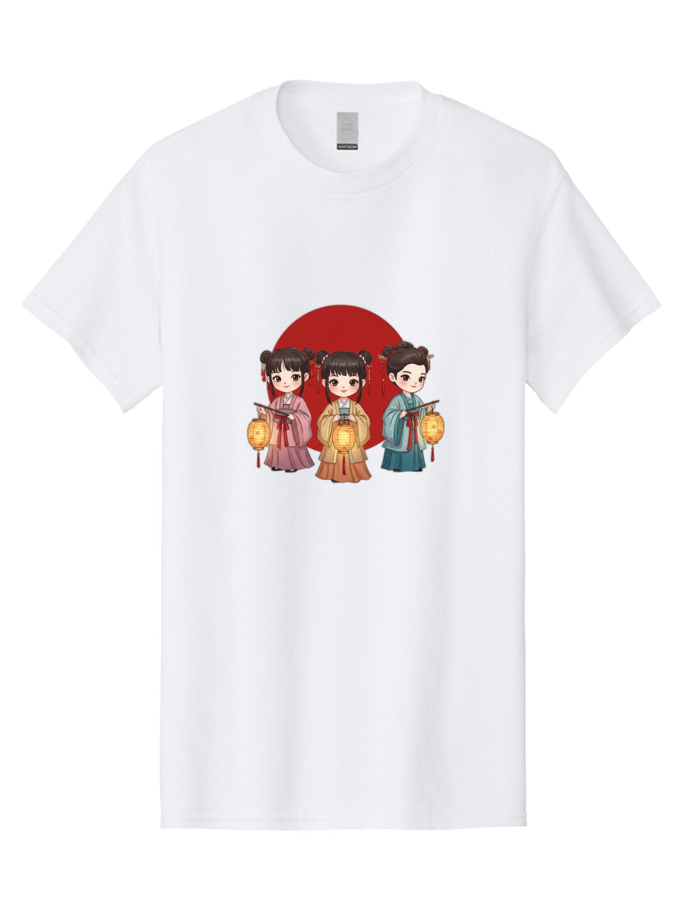 Three-Girls-With-Lanterns Men'S Graphic Tee, 100% Cotton, Comfortable Casual Summer Wear, Machine Washable, Traditional Chinese Clothing, Young Girls, Lanterns, Festive Atmosphere, Cultural Heritage, Red Circle, Chinese New Year, Celebration, Bad838 14