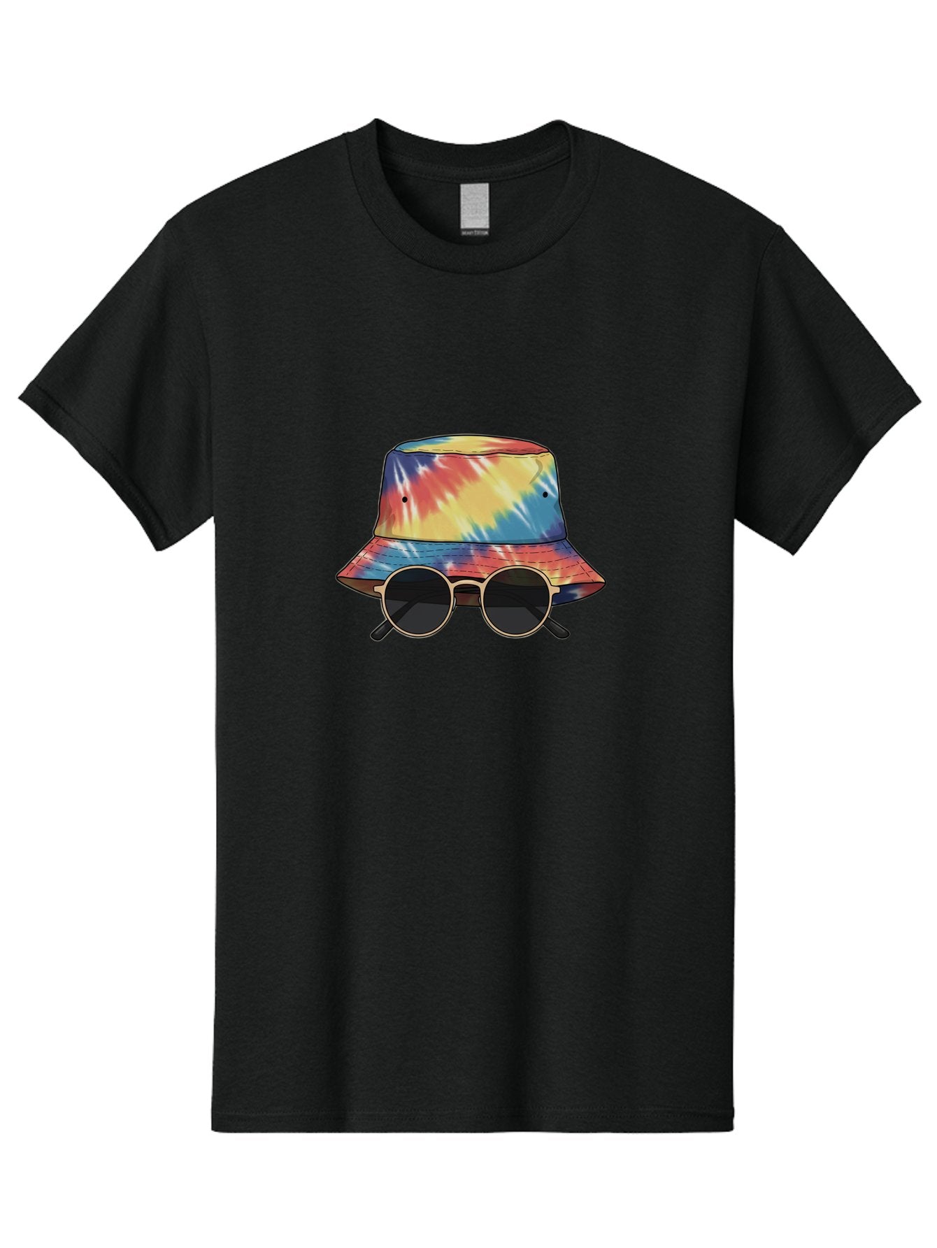 Tie-Dye-Bucket-Hat-And-Sunglasses Men'S Graphic Tee, 100% Cotton, Comfortable Casual Summer Wear, Machine Washable, Tie Dye Bucket Hat, Sunglasses, Round Shades, Colorful Accessories, Fashion Statement, Hippie Chic, Trendy Wear, Hipster Style, Bad840 12