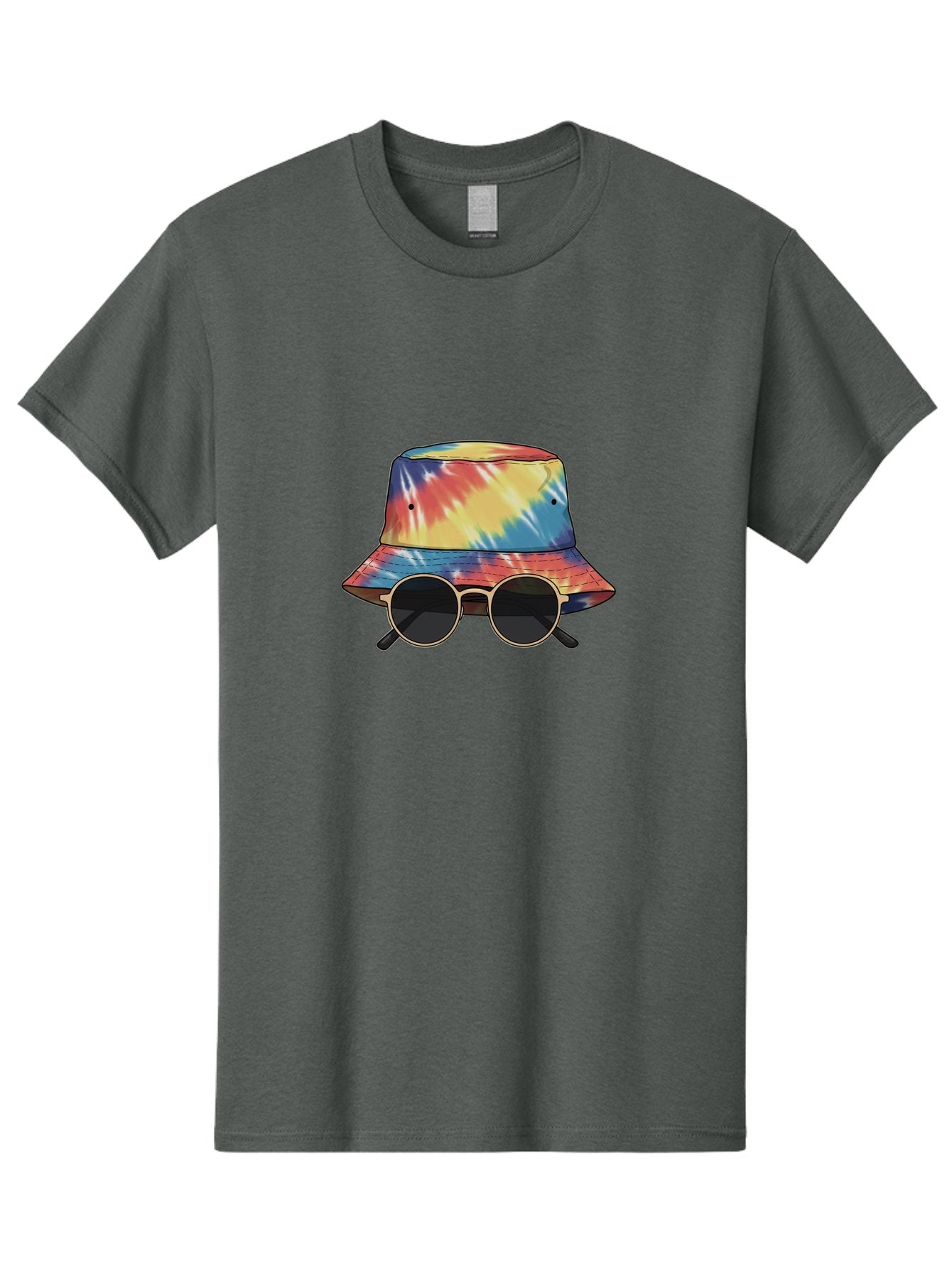 Tie-Dye-Bucket-Hat-And-Sunglasses Men'S Graphic Tee, 100% Cotton, Comfortable Casual Summer Wear, Machine Washable, Tie Dye Bucket Hat, Sunglasses, Round Shades, Colorful Accessories, Fashion Statement, Hippie Chic, Trendy Wear, Hipster Style, Bad840