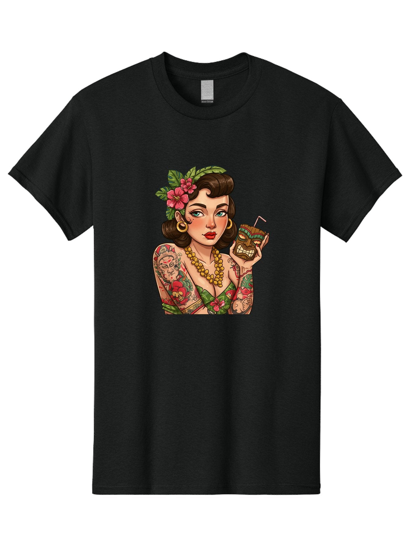 Tiki-Girl Men'S Graphic Tee, 100% Cotton, Comfortable Casual Summer Wear, Machine Washable, Tattooed Pin-Up Girl, Vintage Style, Tropical Drink, Floral Crown, Bold Jewelry, Colorful Tattoos, Retro Charm, Summer Vibes Bad842 5