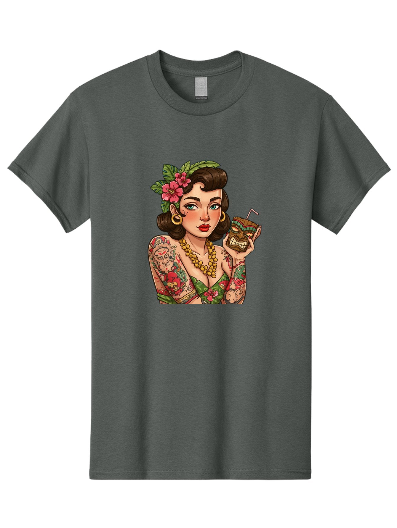 Tiki-Girl Men'S Graphic Tee, 100% Cotton, Comfortable Casual Summer Wear, Machine Washable, Tattooed Pin-Up Girl, Vintage Style, Tropical Drink, Floral Crown, Bold Jewelry, Colorful Tattoos, Retro Charm, Summer Vibes Bad842 12
