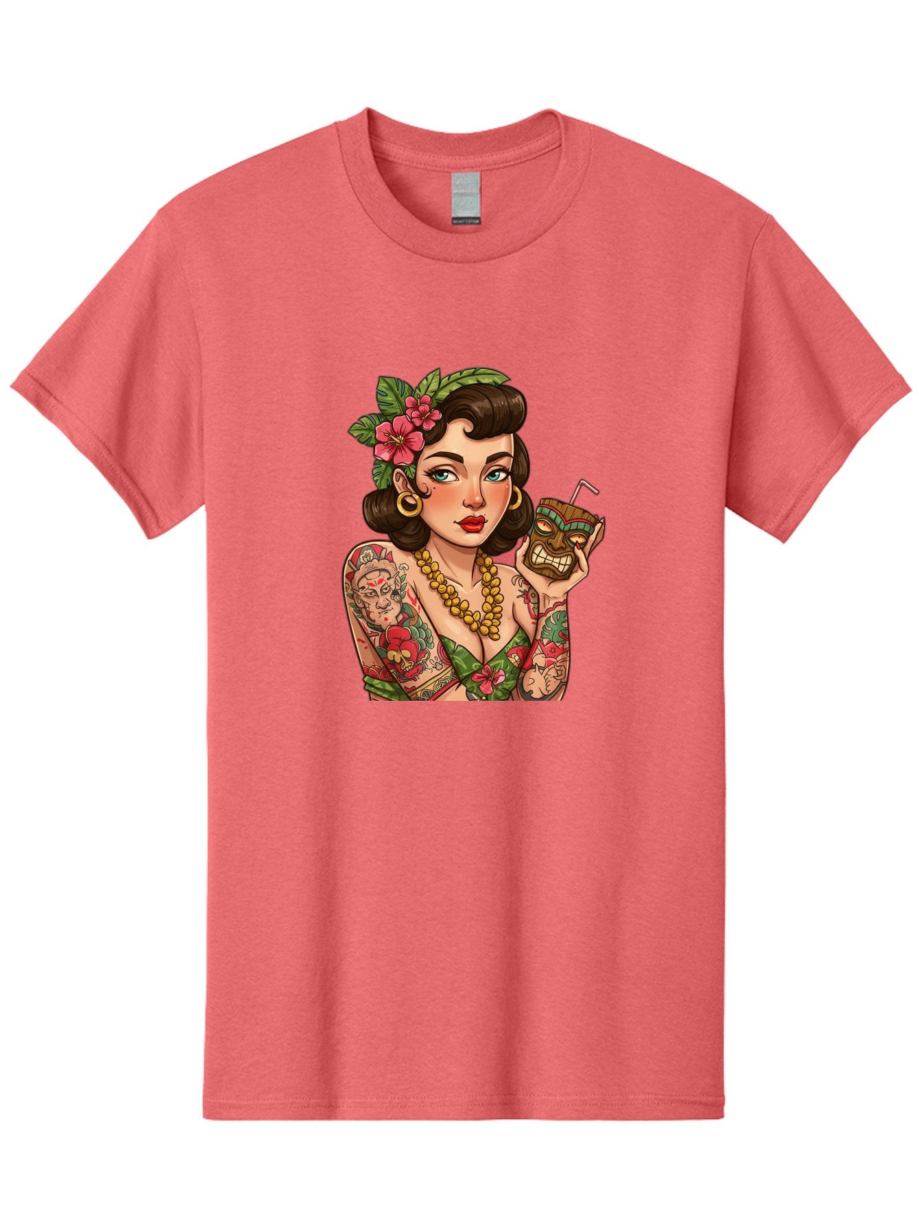 Tiki-Girl Men'S Graphic Tee, 100% Cotton, Comfortable Casual Summer Wear, Machine Washable, Tattooed Pin-Up Girl, Vintage Style, Tropical Drink, Floral Crown, Bold Jewelry, Colorful Tattoos, Retro Charm, Summer Vibes Bad842 14