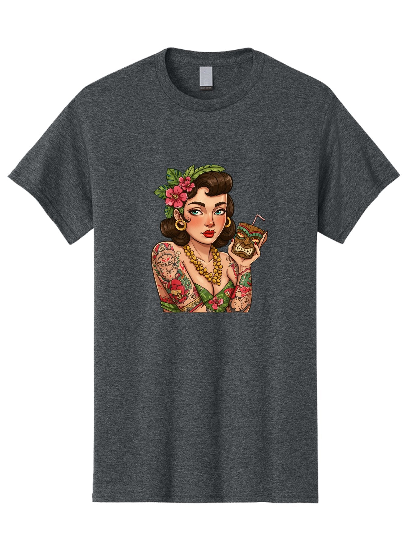 Tiki-Girl Men'S Graphic Tee, 100% Cotton, Comfortable Casual Summer Wear, Machine Washable, Tattooed Pin-Up Girl, Vintage Style, Tropical Drink, Floral Crown, Bold Jewelry, Colorful Tattoos, Retro Charm, Summer Vibes Bad842