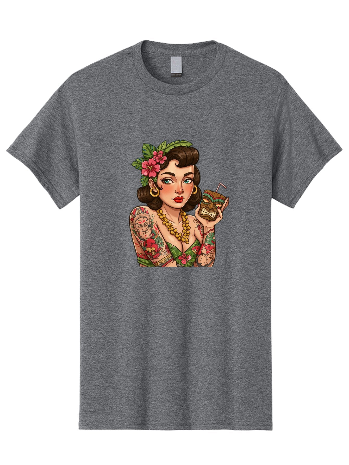Tiki-Girl Men'S Graphic Tee, 100% Cotton, Comfortable Casual Summer Wear, Machine Washable, Tattooed Pin-Up Girl, Vintage Style, Tropical Drink, Floral Crown, Bold Jewelry, Colorful Tattoos, Retro Charm, Summer Vibes Bad842 7