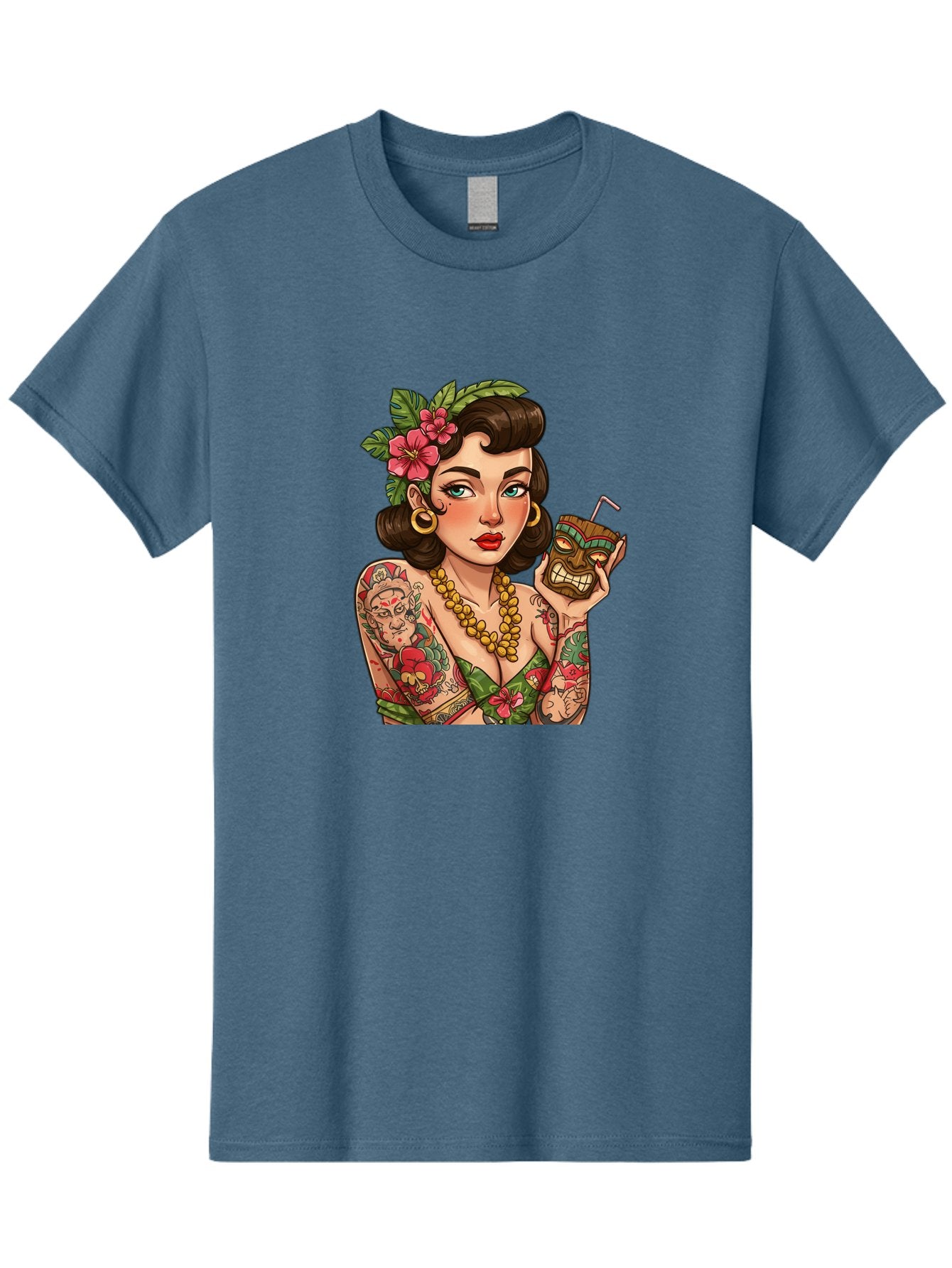 Tiki-Girl Men'S Graphic Tee, 100% Cotton, Comfortable Casual Summer Wear, Machine Washable, Tattooed Pin-Up Girl, Vintage Style, Tropical Drink, Floral Crown, Bold Jewelry, Colorful Tattoos, Retro Charm, Summer Vibes Bad842 13