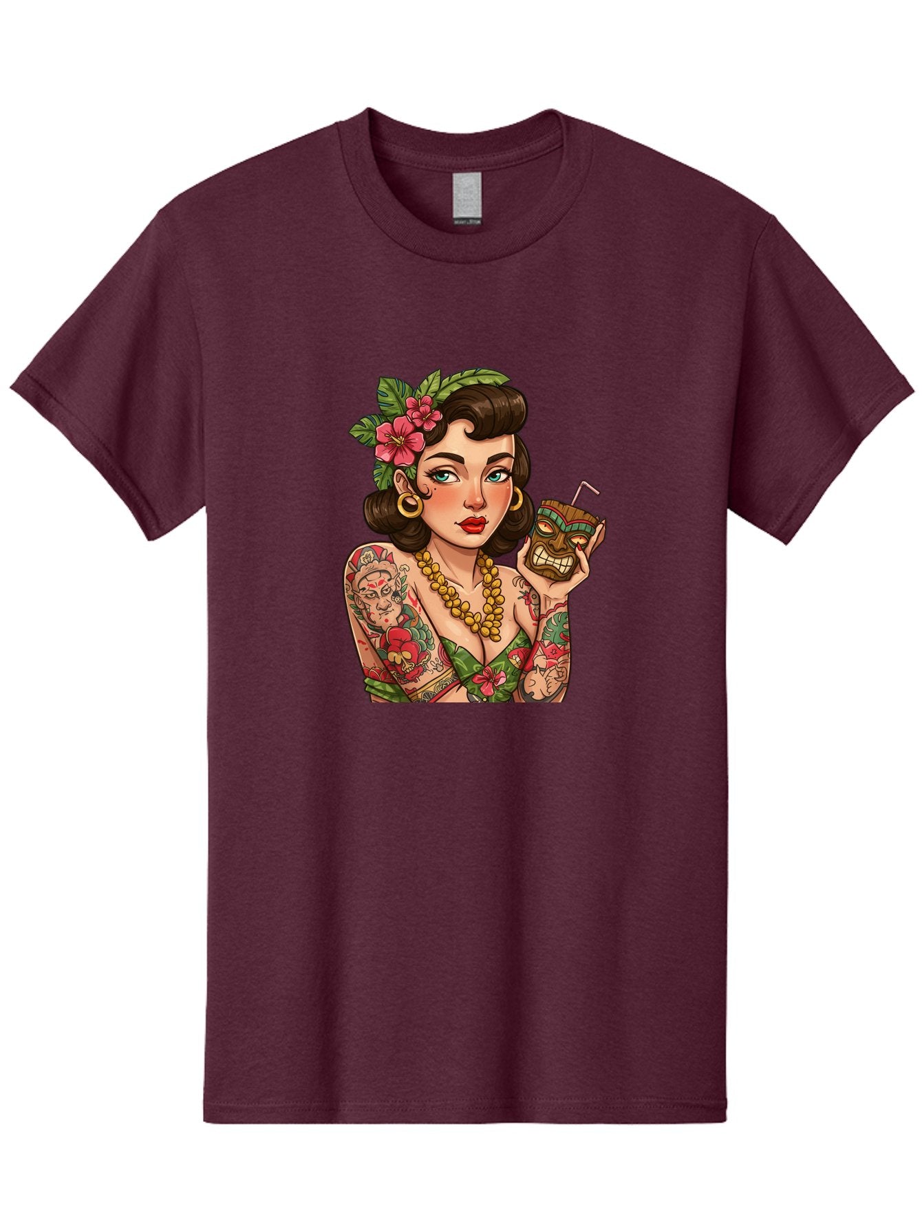 Tiki-Girl Men'S Graphic Tee, 100% Cotton, Comfortable Casual Summer Wear, Machine Washable, Tattooed Pin-Up Girl, Vintage Style, Tropical Drink, Floral Crown, Bold Jewelry, Colorful Tattoos, Retro Charm, Summer Vibes Bad842