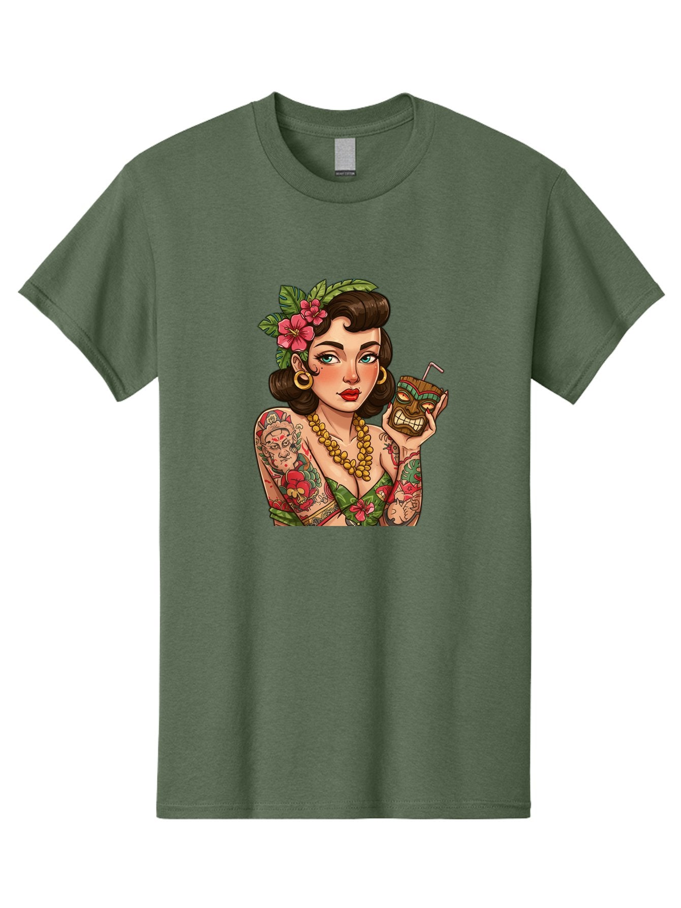 Tiki-Girl Men'S Graphic Tee, 100% Cotton, Comfortable Casual Summer Wear, Machine Washable, Tattooed Pin-Up Girl, Vintage Style, Tropical Drink, Floral Crown, Bold Jewelry, Colorful Tattoos, Retro Charm, Summer Vibes Bad842 15