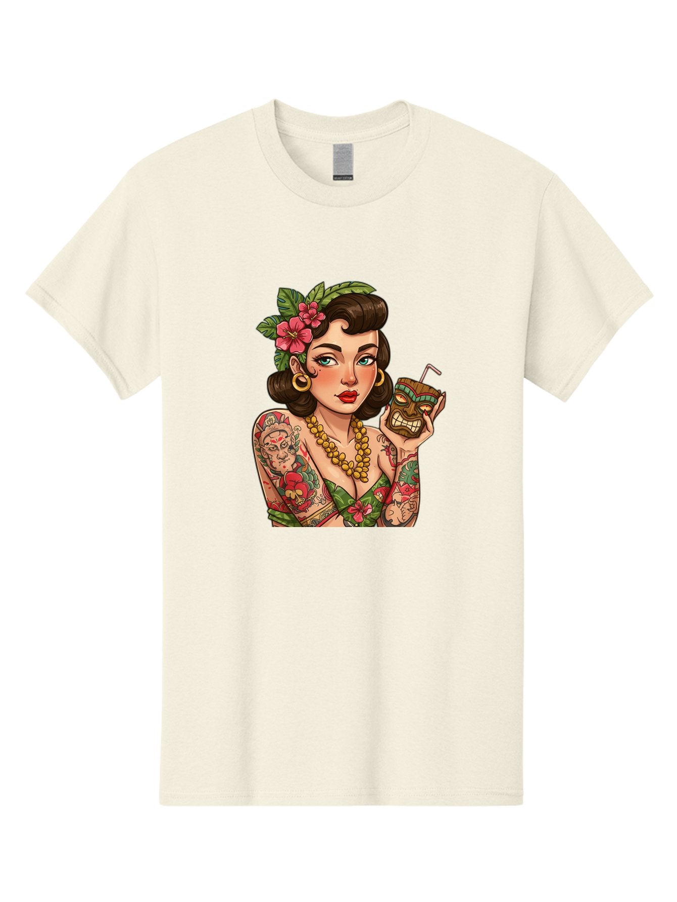 Tiki-Girl Men'S Graphic Tee, 100% Cotton, Comfortable Casual Summer Wear, Machine Washable, Tattooed Pin-Up Girl, Vintage Style, Tropical Drink, Floral Crown, Bold Jewelry, Colorful Tattoos, Retro Charm, Summer Vibes Bad842 11