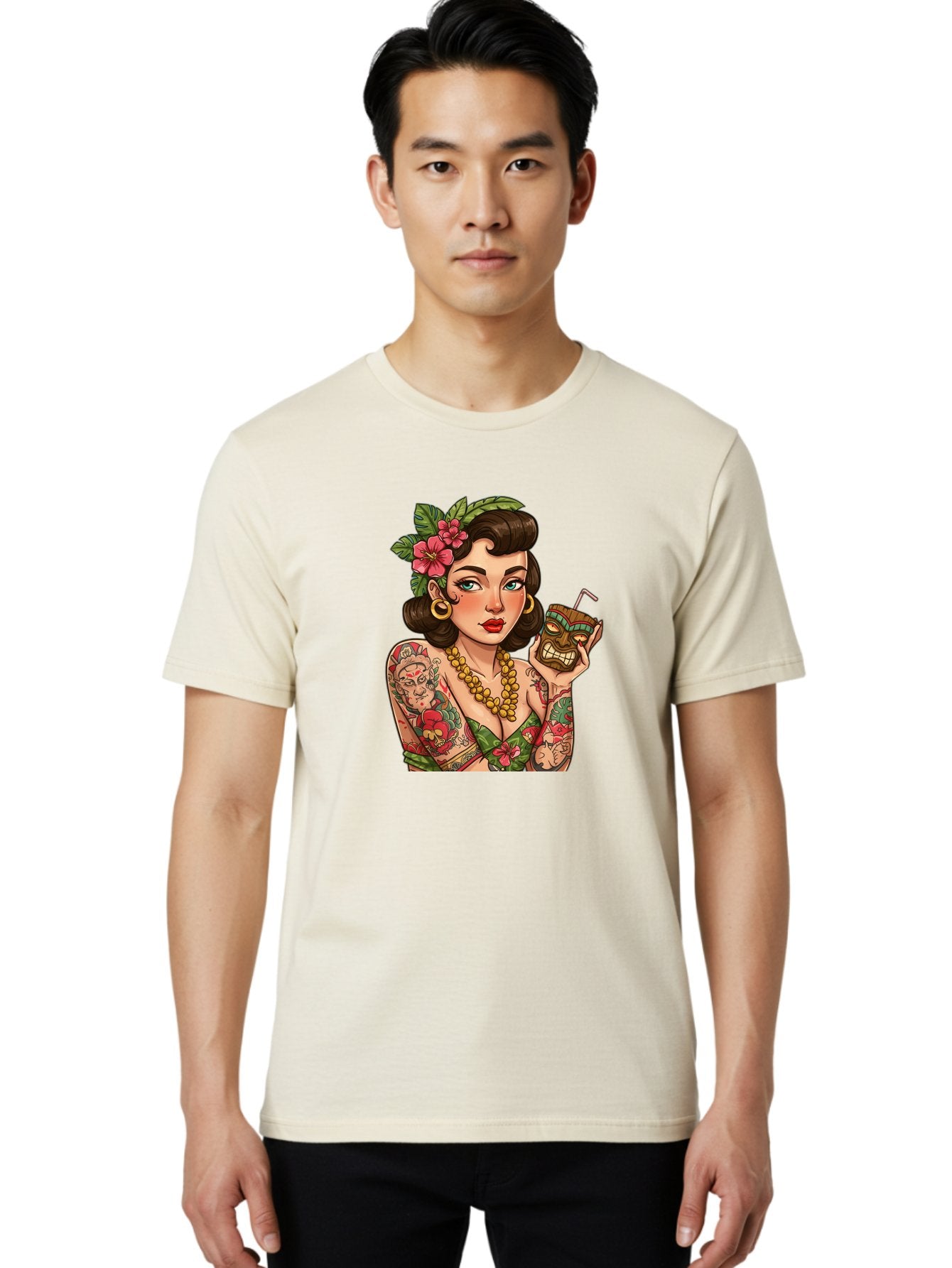 Tiki-Girl Men'S Graphic Tee, 100% Cotton, Comfortable Casual Summer Wear, Machine Washable, Tattooed Pin-Up Girl, Vintage Style, Tropical Drink, Floral Crown, Bold Jewelry, Colorful Tattoos, Retro Charm, Summer Vibes Bad842 27
