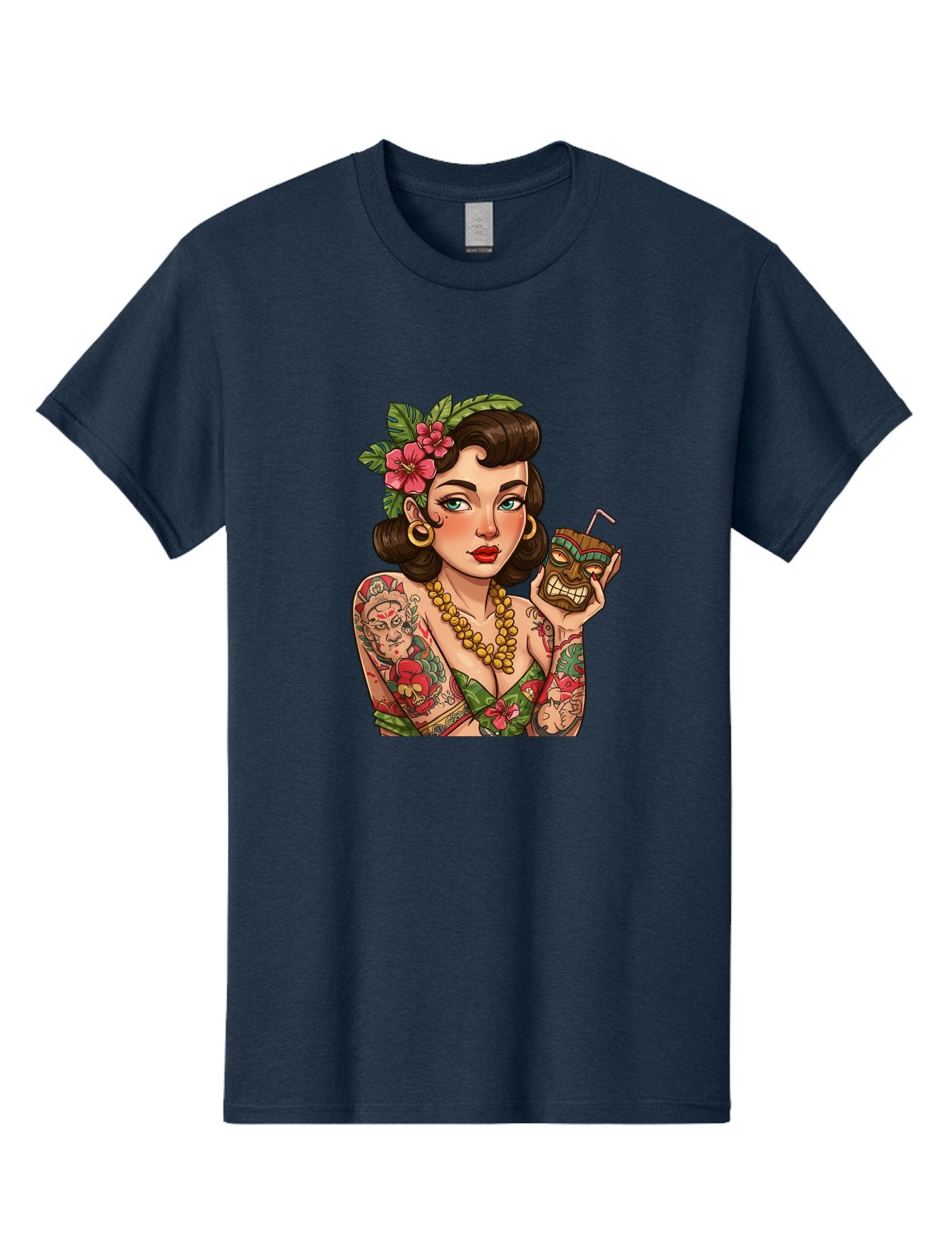Tiki-Girl Men'S Graphic Tee, 100% Cotton, Comfortable Casual Summer Wear, Machine Washable, Tattooed Pin-Up Girl, Vintage Style, Tropical Drink, Floral Crown, Bold Jewelry, Colorful Tattoos, Retro Charm, Summer Vibes Bad842 6