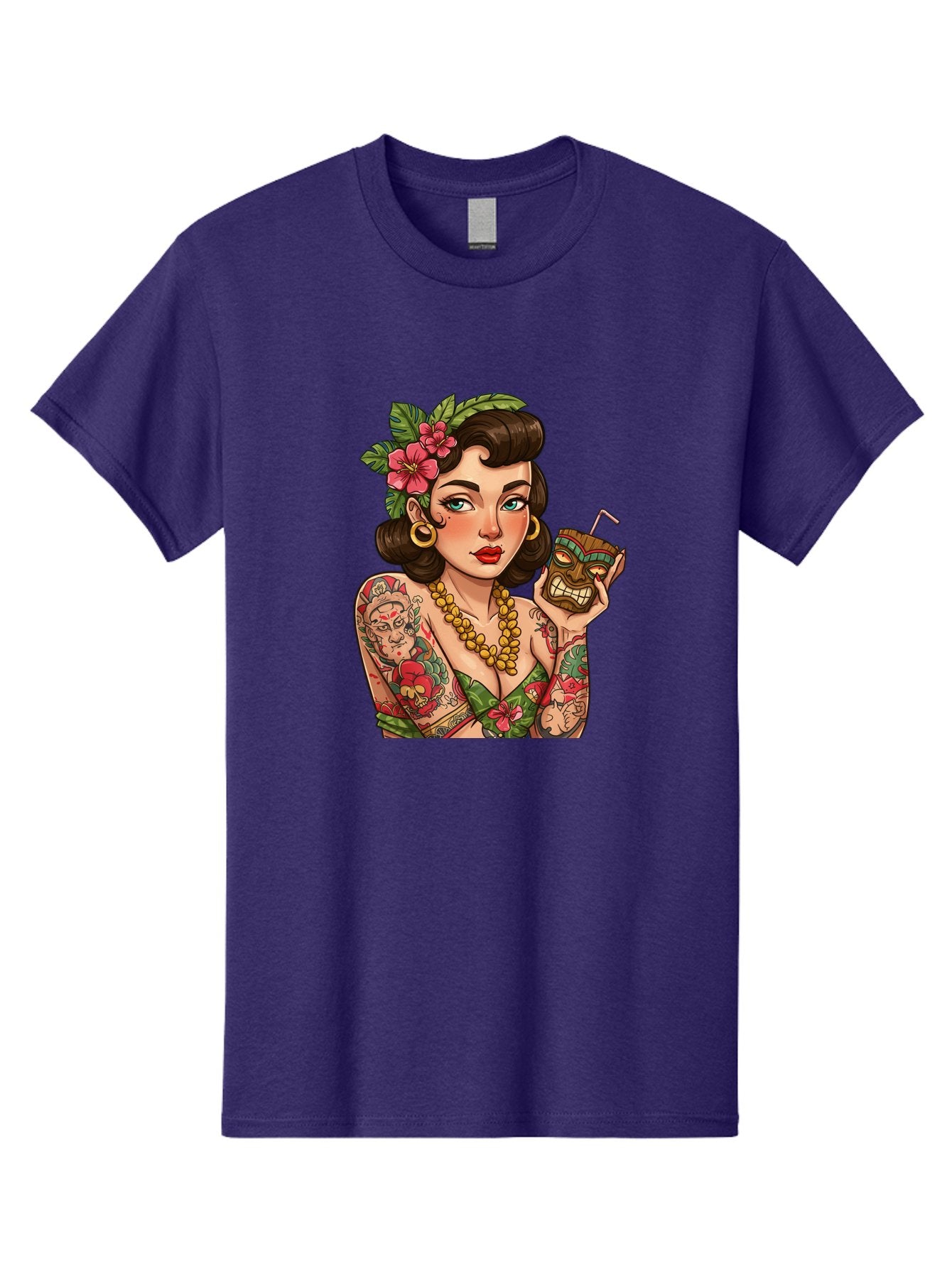 Tiki-Girl Men'S Graphic Tee, 100% Cotton, Comfortable Casual Summer Wear, Machine Washable, Tattooed Pin-Up Girl, Vintage Style, Tropical Drink, Floral Crown, Bold Jewelry, Colorful Tattoos, Retro Charm, Summer Vibes Bad842 10