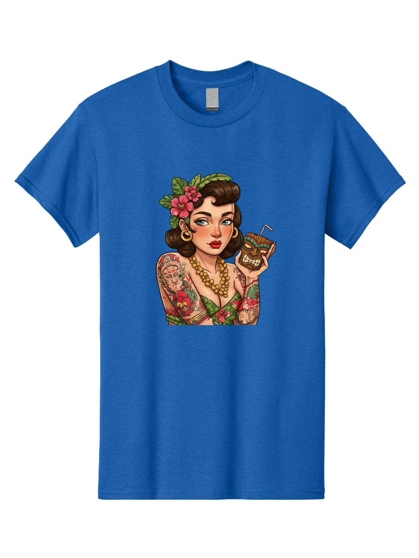 Tiki-Girl Men'S Graphic Tee, 100% Cotton, Comfortable Casual Summer Wear, Machine Washable, Tattooed Pin-Up Girl, Vintage Style, Tropical Drink, Floral Crown, Bold Jewelry, Colorful Tattoos, Retro Charm, Summer Vibes Bad842 9