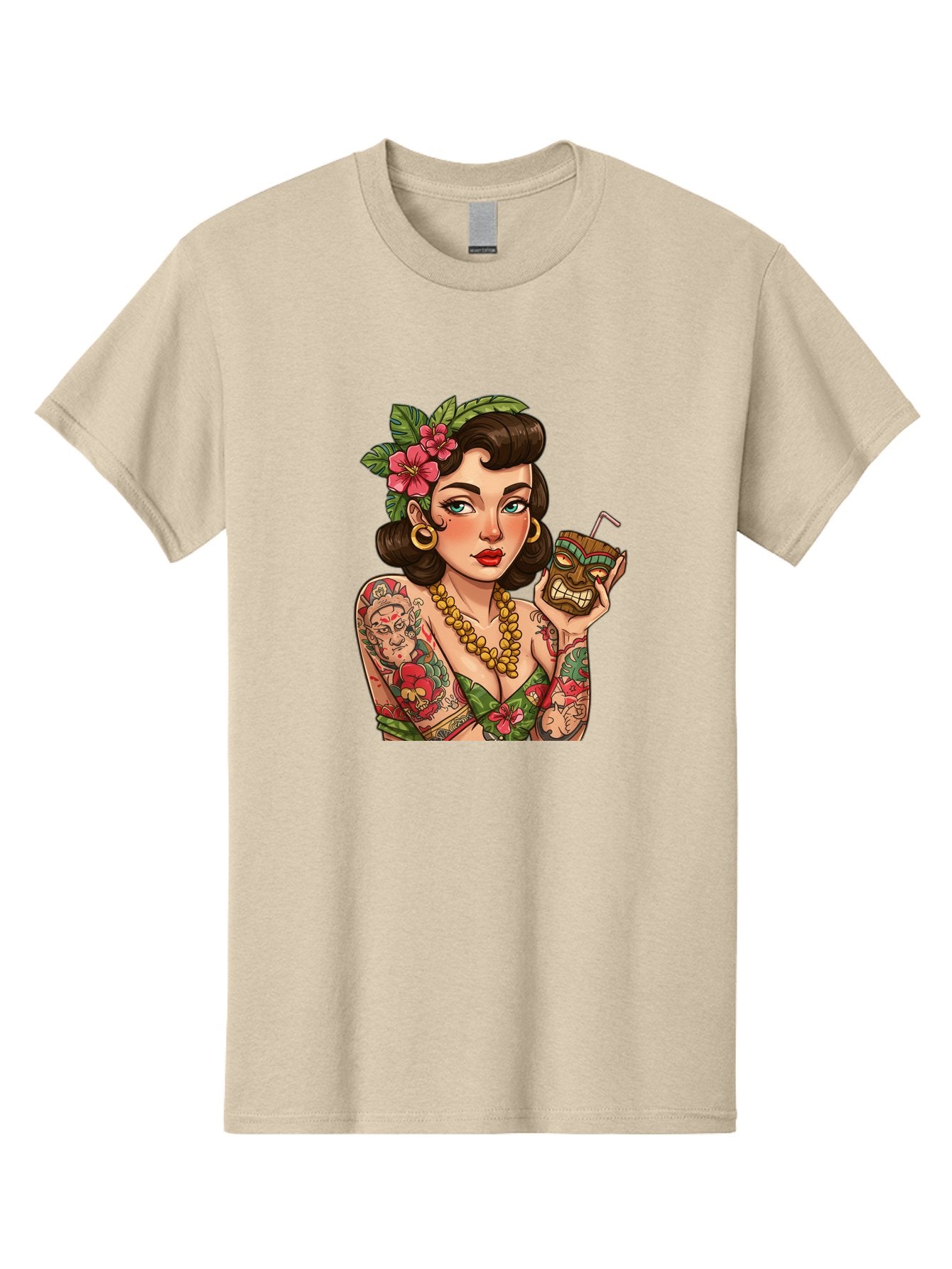 Tiki-Girl Men'S Graphic Tee, 100% Cotton, Comfortable Casual Summer Wear, Machine Washable, Tattooed Pin-Up Girl, Vintage Style, Tropical Drink, Floral Crown, Bold Jewelry, Colorful Tattoos, Retro Charm, Summer Vibes Bad842 4