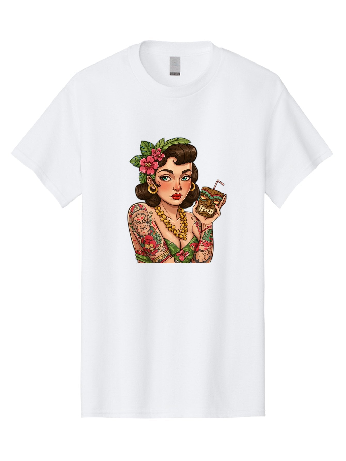 Tiki-Girl Men'S Graphic Tee, 100% Cotton, Comfortable Casual Summer Wear, Machine Washable, Tattooed Pin-Up Girl, Vintage Style, Tropical Drink, Floral Crown, Bold Jewelry, Colorful Tattoos, Retro Charm, Summer Vibes Bad842 3