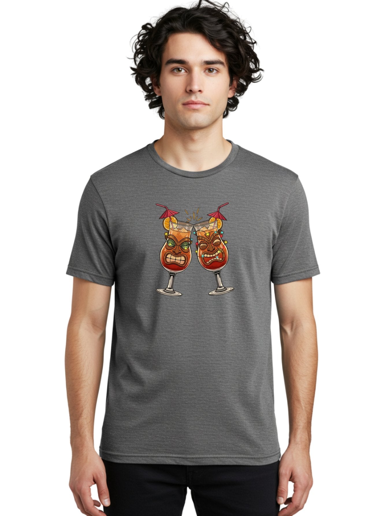 Tiki-Glasses Men'S Graphic Tee, 100% Cotton, Comfortable Casual Summer Wear, Machine Washable, Tiki Cocktails, Tropical Drinks, Cartoon Glasses, Festive Toast, Party Atmosphere, Refreshing Beverages, Summer Vibes, Cocktail Culture Bad843 30
