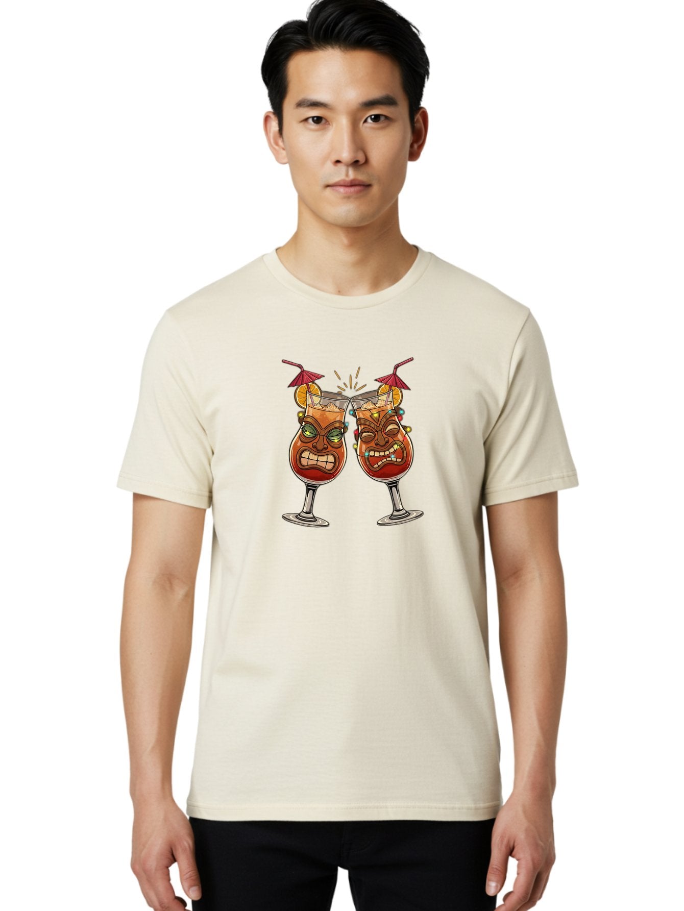 Tiki-Glasses Men'S Graphic Tee, 100% Cotton, Comfortable Casual Summer Wear, Machine Washable, Tiki Cocktails, Tropical Drinks, Cartoon Glasses, Festive Toast, Party Atmosphere, Refreshing Beverages, Summer Vibes, Cocktail Culture Bad843 23
