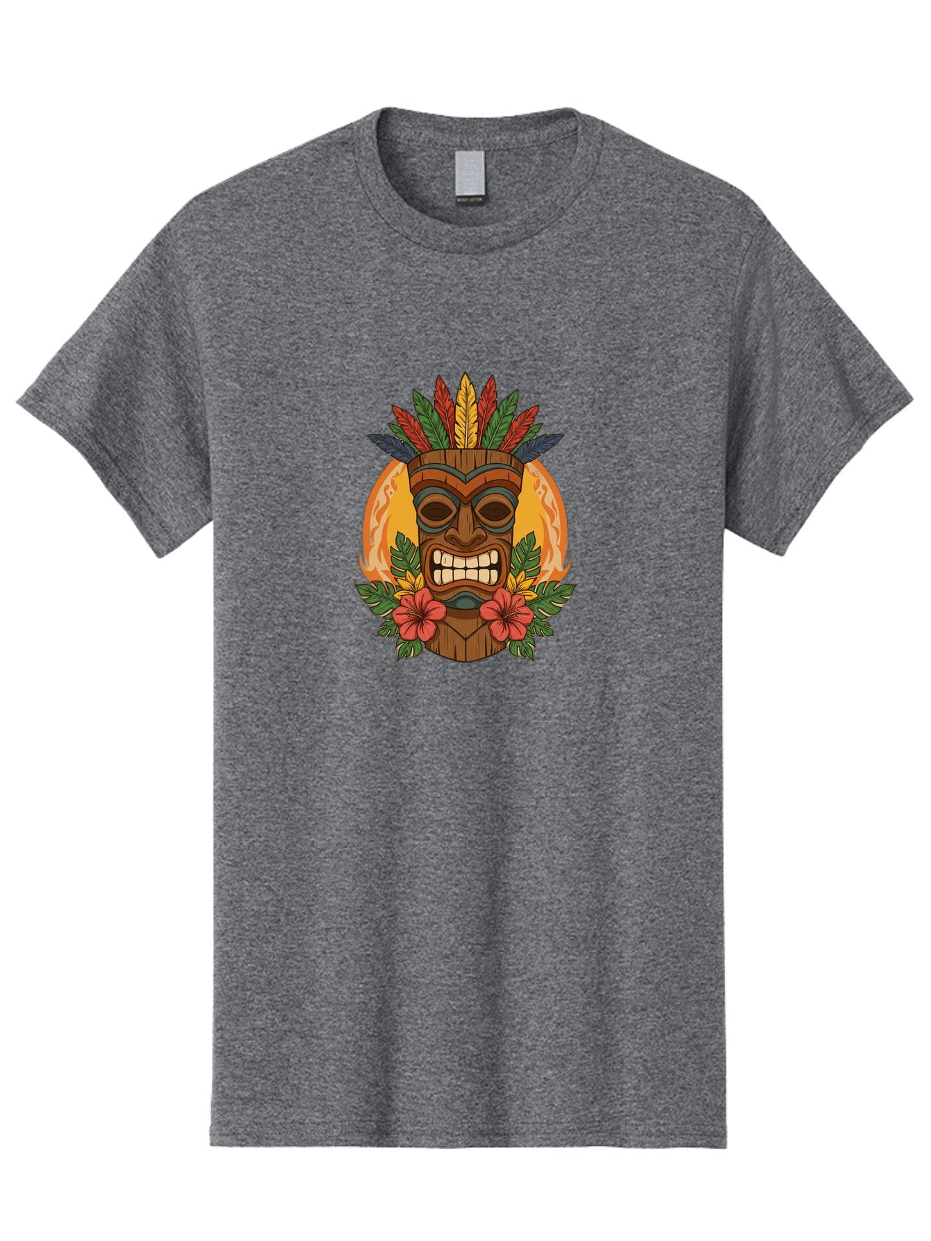 Tiki-Mask-With-Tropical-Flowers Men'S Graphic Tee, 100% Cotton, Comfortable Casual Summer Wear, Machine Washable, Tiki Mask, Tribal Art, Wooden Totem, Tropical Flowers, Hibiscus, Colorful Feathers, Polka Dot, Island Vibes, Bohemian Style Bad844 9