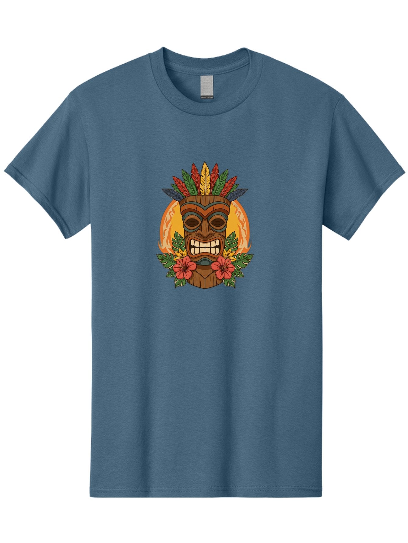Tiki-Mask-With-Tropical-Flowers Men'S Graphic Tee, 100% Cotton, Comfortable Casual Summer Wear, Machine Washable, Tiki Mask, Tribal Art, Wooden Totem, Tropical Flowers, Hibiscus, Colorful Feathers, Polka Dot, Island Vibes, Bohemian Style Bad844 3