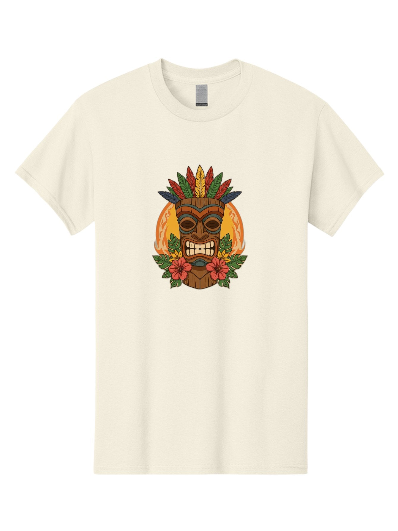 Tiki-Mask-With-Tropical-Flowers Men'S Graphic Tee, 100% Cotton, Comfortable Casual Summer Wear, Machine Washable, Tiki Mask, Tribal Art, Wooden Totem, Tropical Flowers, Hibiscus, Colorful Feathers, Polka Dot, Island Vibes, Bohemian Style Bad844 12