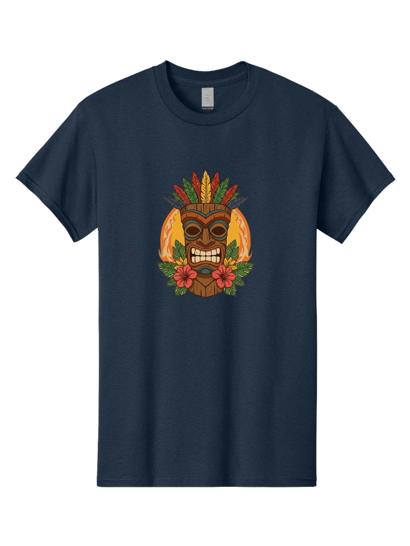 Tiki-Mask-With-Tropical-Flowers Men'S Graphic Tee, 100% Cotton, Comfortable Casual Summer Wear, Machine Washable, Tiki Mask, Tribal Art, Wooden Totem, Tropical Flowers, Hibiscus, Colorful Feathers, Polka Dot, Island Vibes, Bohemian Style Bad844