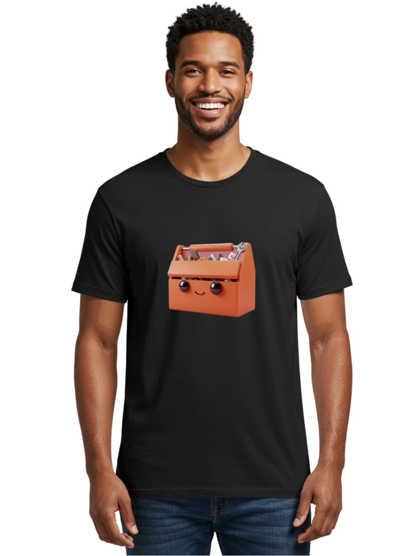 Toolbox-1 Men'S Graphic Tee, 100% Cotton, Comfortable Casual Summer Wear, Machine Washable, Orange Toolbox, Cartoonish Face, Smiling Eyes, Black Pupils, 3D Rendering, Creative Design, Funny, Quirky, Toolbox, Metal Wrenches, Various Tools Bad847 29