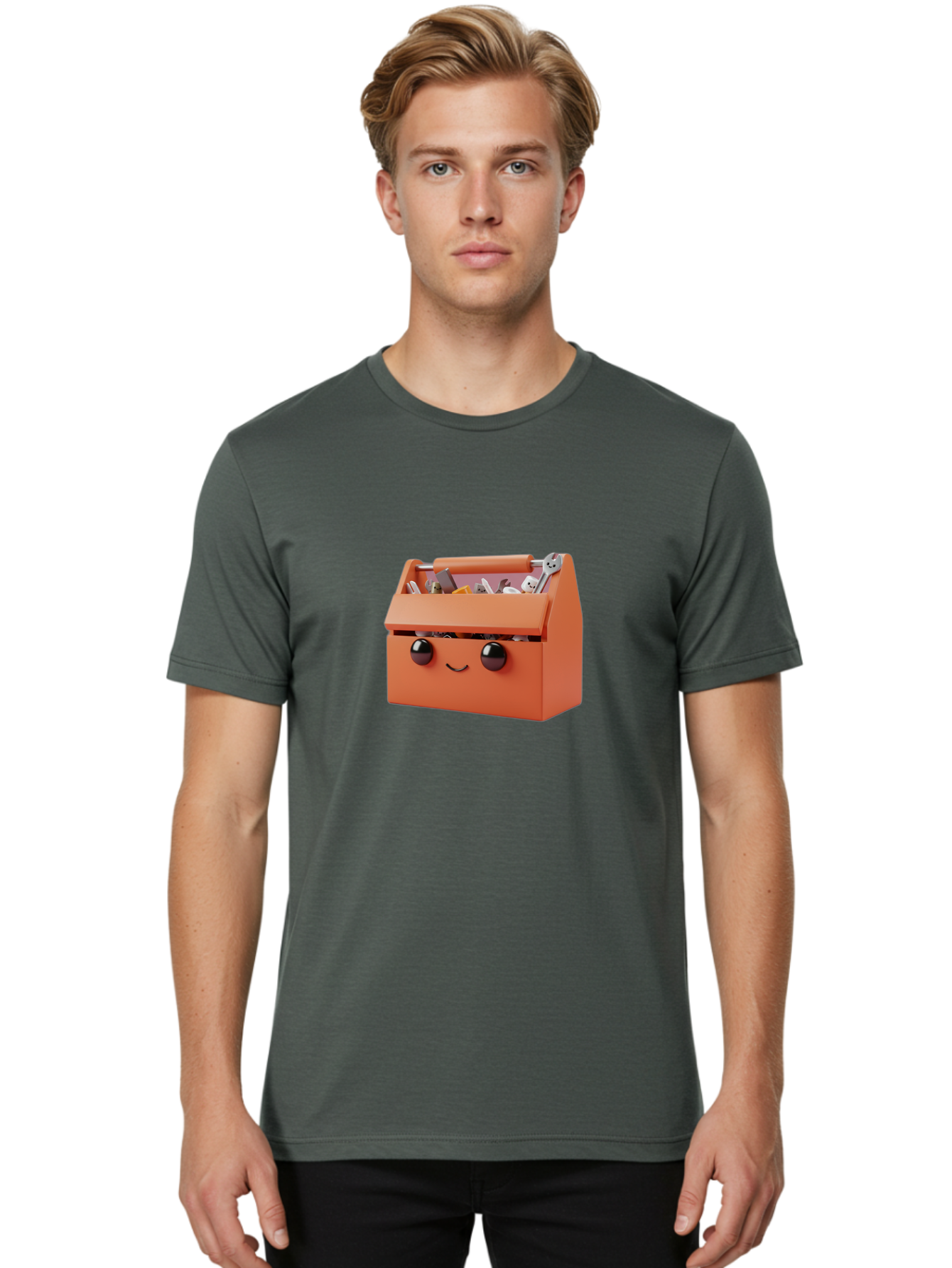 Toolbox-1 Men'S Graphic Tee, 100% Cotton, Comfortable Casual Summer Wear, Machine Washable, Orange Toolbox, Cartoonish Face, Smiling Eyes, Black Pupils, 3D Rendering, Creative Design, Funny, Quirky, Toolbox, Metal Wrenches, Various Tools Bad847 23