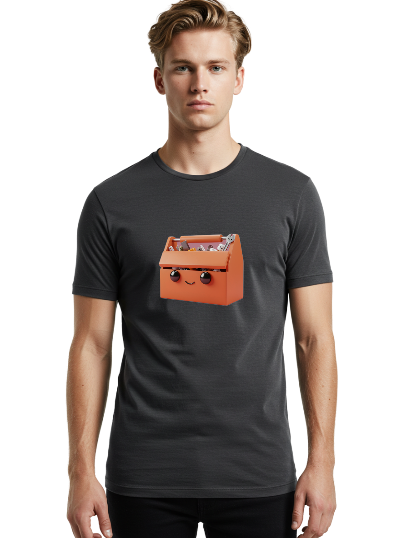 Toolbox-1 Men'S Graphic Tee, 100% Cotton, Comfortable Casual Summer Wear, Machine Washable, Orange Toolbox, Cartoonish Face, Smiling Eyes, Black Pupils, 3D Rendering, Creative Design, Funny, Quirky, Toolbox, Metal Wrenches, Various Tools Bad847 25