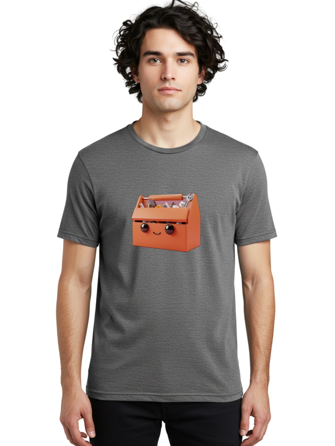 Toolbox-1 Men'S Graphic Tee, 100% Cotton, Comfortable Casual Summer Wear, Machine Washable, Orange Toolbox, Cartoonish Face, Smiling Eyes, Black Pupils, 3D Rendering, Creative Design, Funny, Quirky, Toolbox, Metal Wrenches, Various Tools Bad847 28