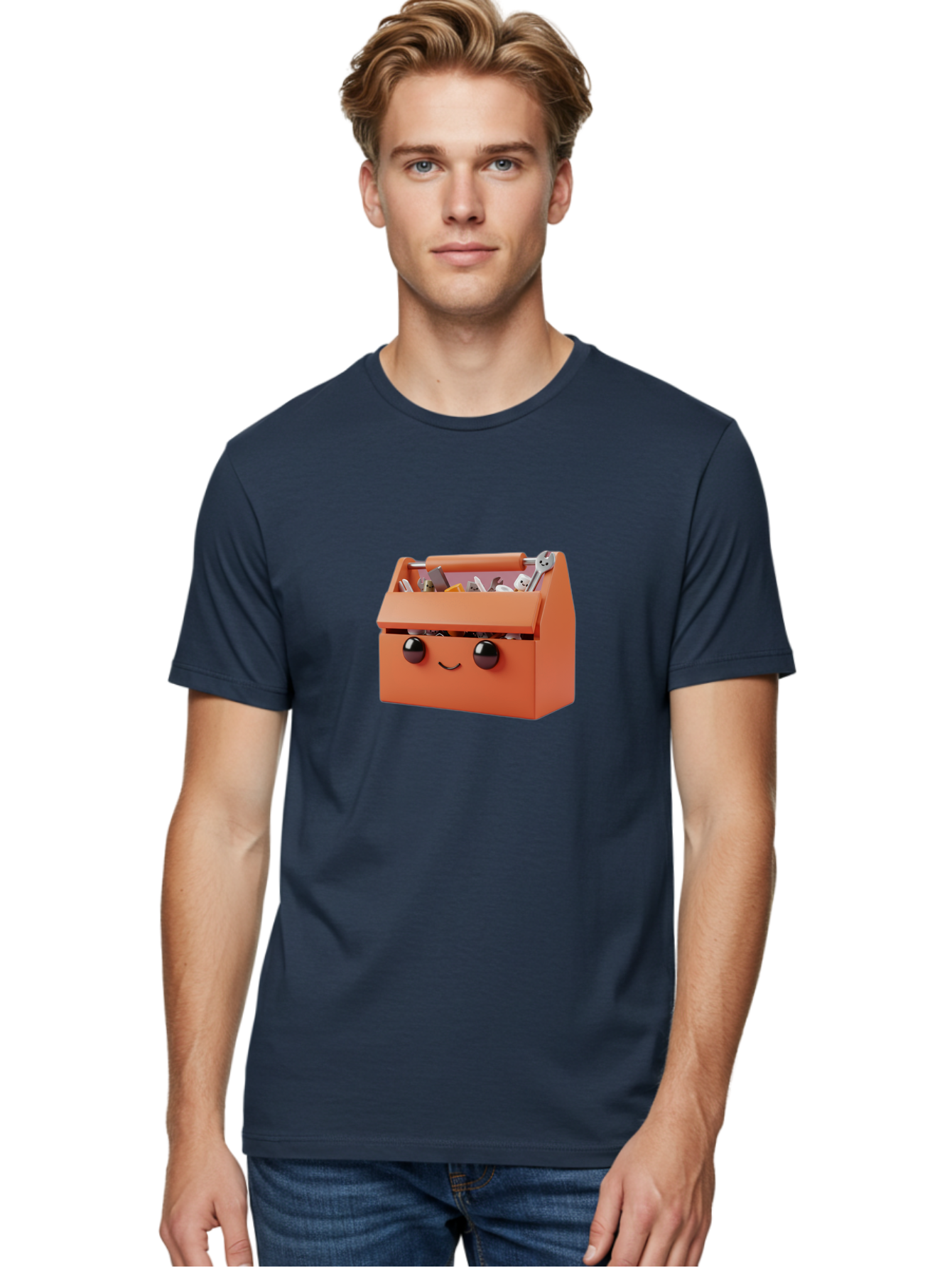 Toolbox-1 Men'S Graphic Tee, 100% Cotton, Comfortable Casual Summer Wear, Machine Washable, Orange Toolbox, Cartoonish Face, Smiling Eyes, Black Pupils, 3D Rendering, Creative Design, Funny, Quirky, Toolbox, Metal Wrenches, Various Tools Bad847 24